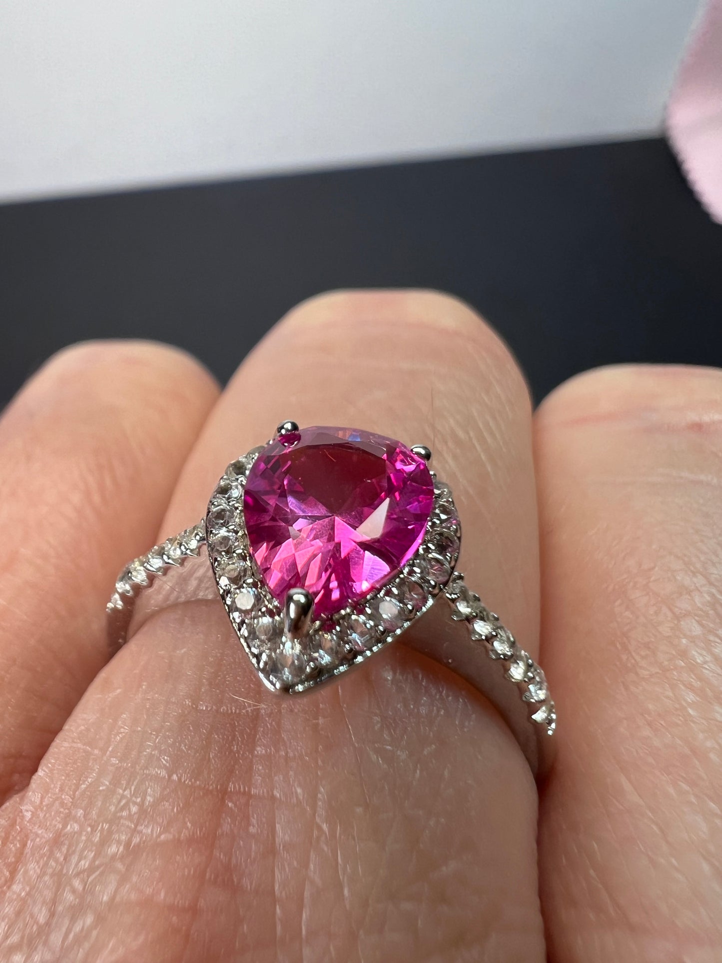 Barbie style lab pink sapphire sterling silver halo ring size 9