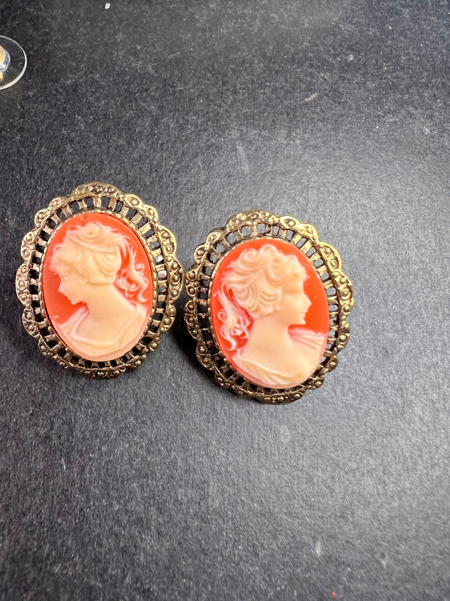 Vintage Carved Shell Cameo Stud Earrings Gold Tone Victorian Revival