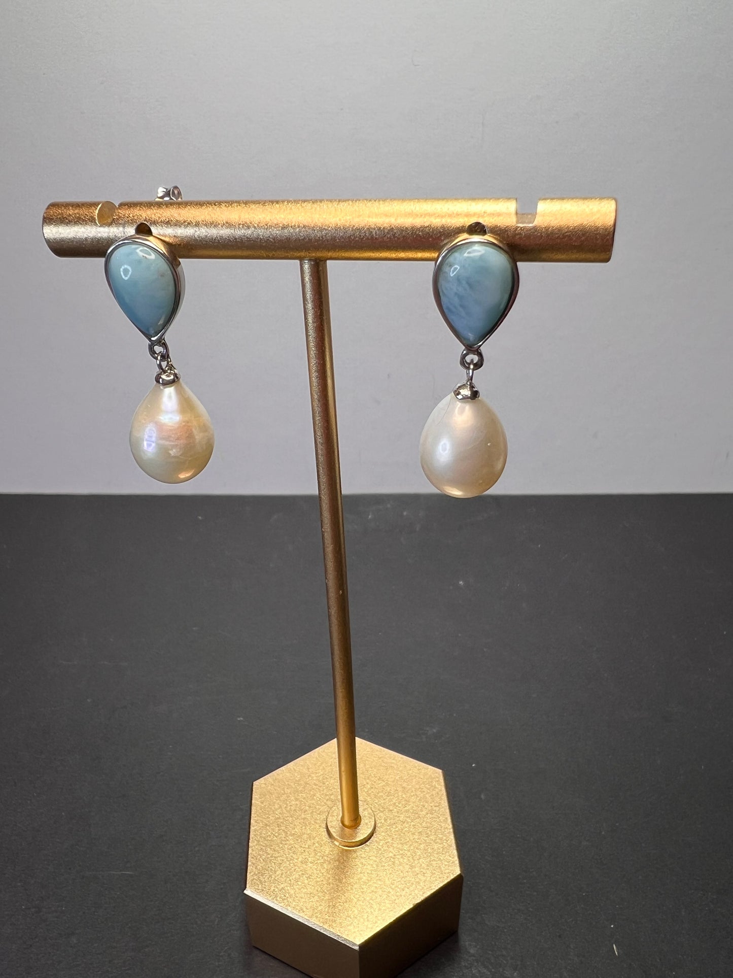 Larimar and pearl sterling silver teardrop earrings