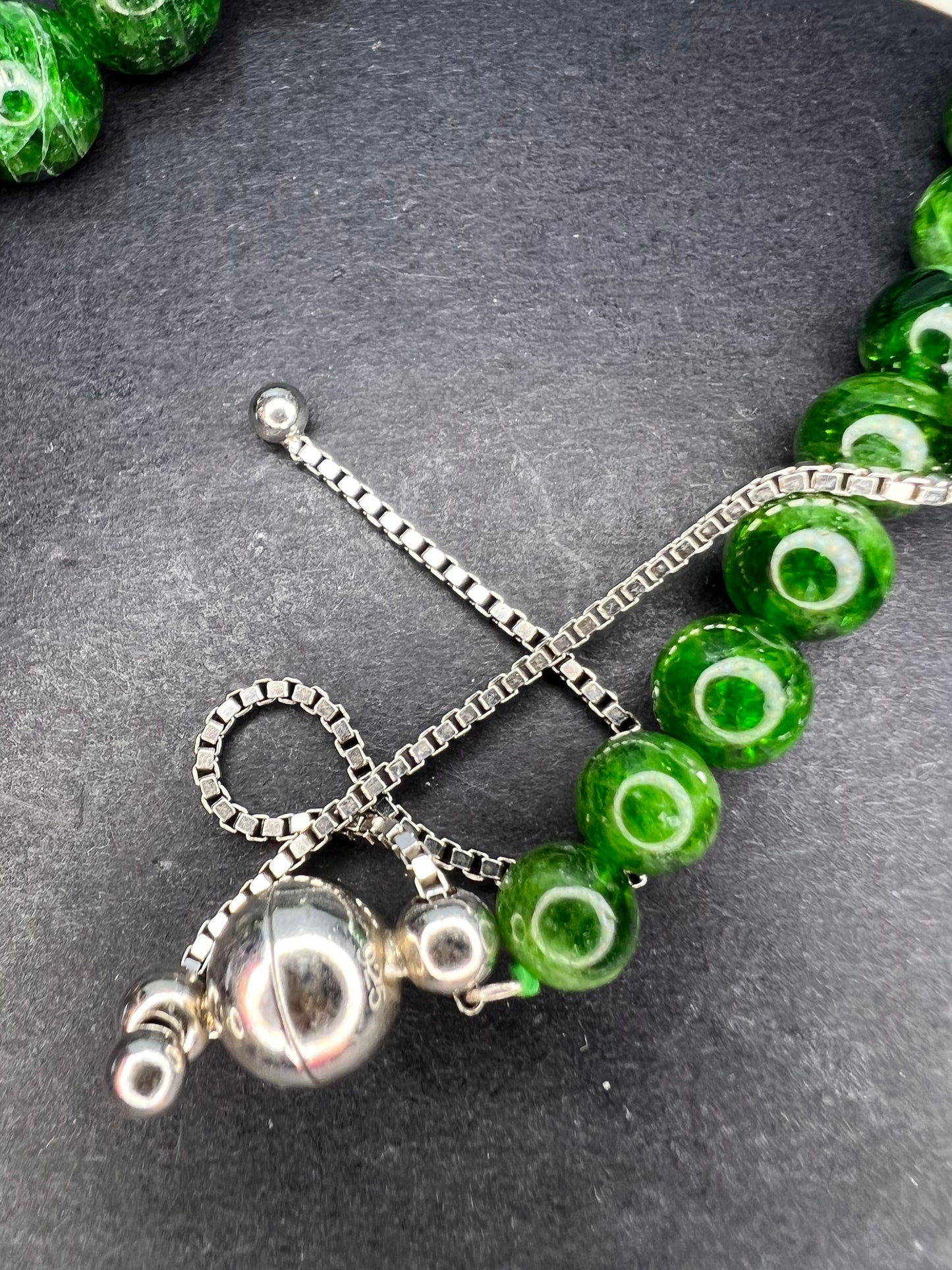 Russian green chrome diopside graduated beaded bolo sterling silver necklace