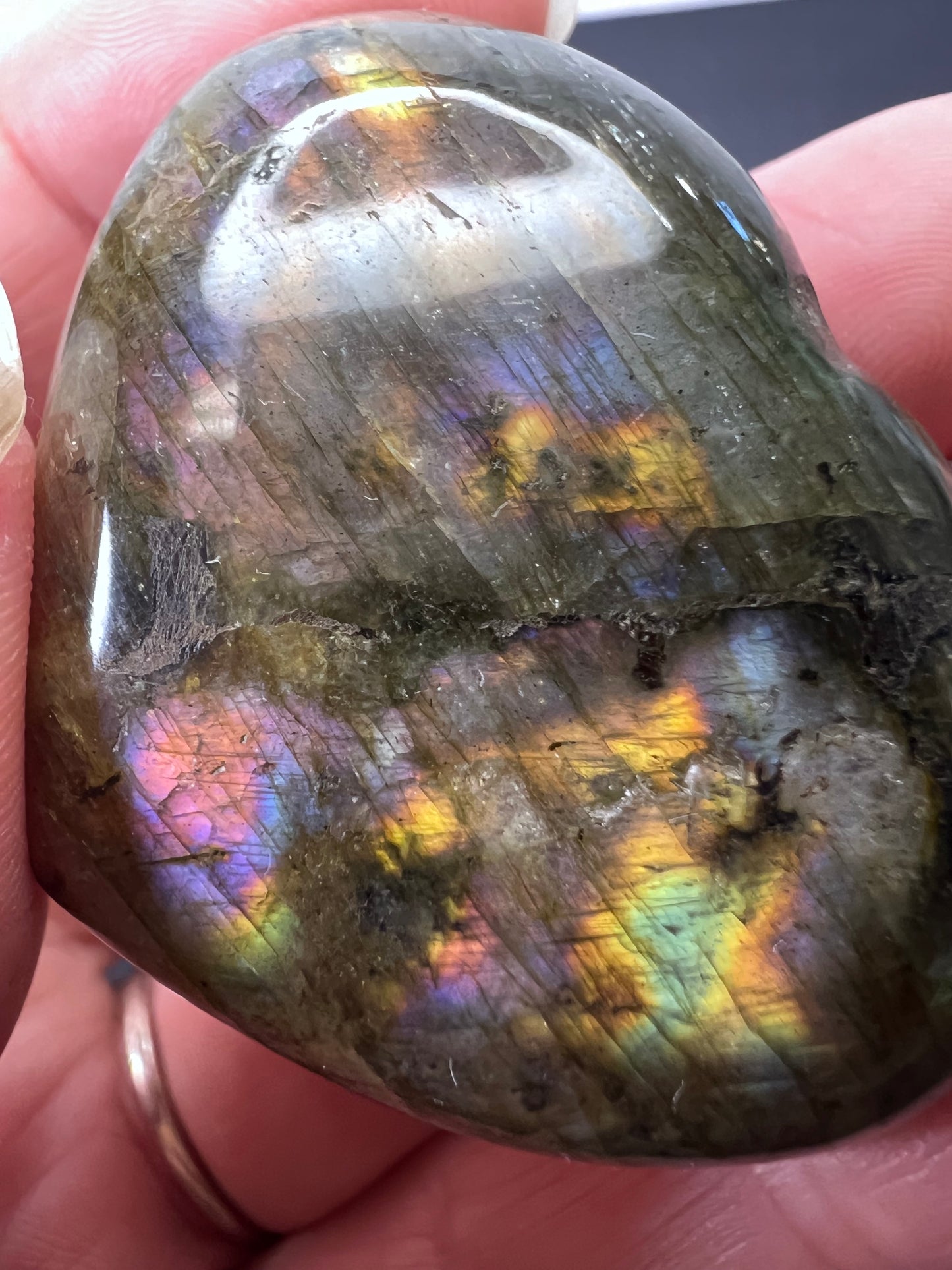 Labradorite heart with pink purple flash