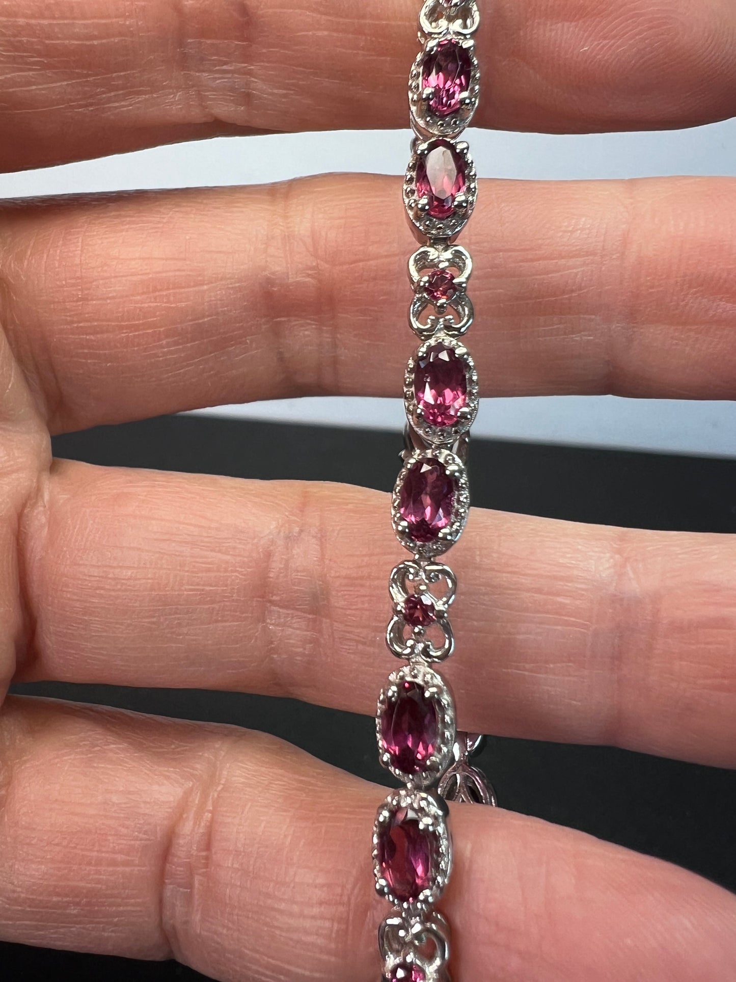 Grape rhodolite garnet and sterling silver and tennis bracelet