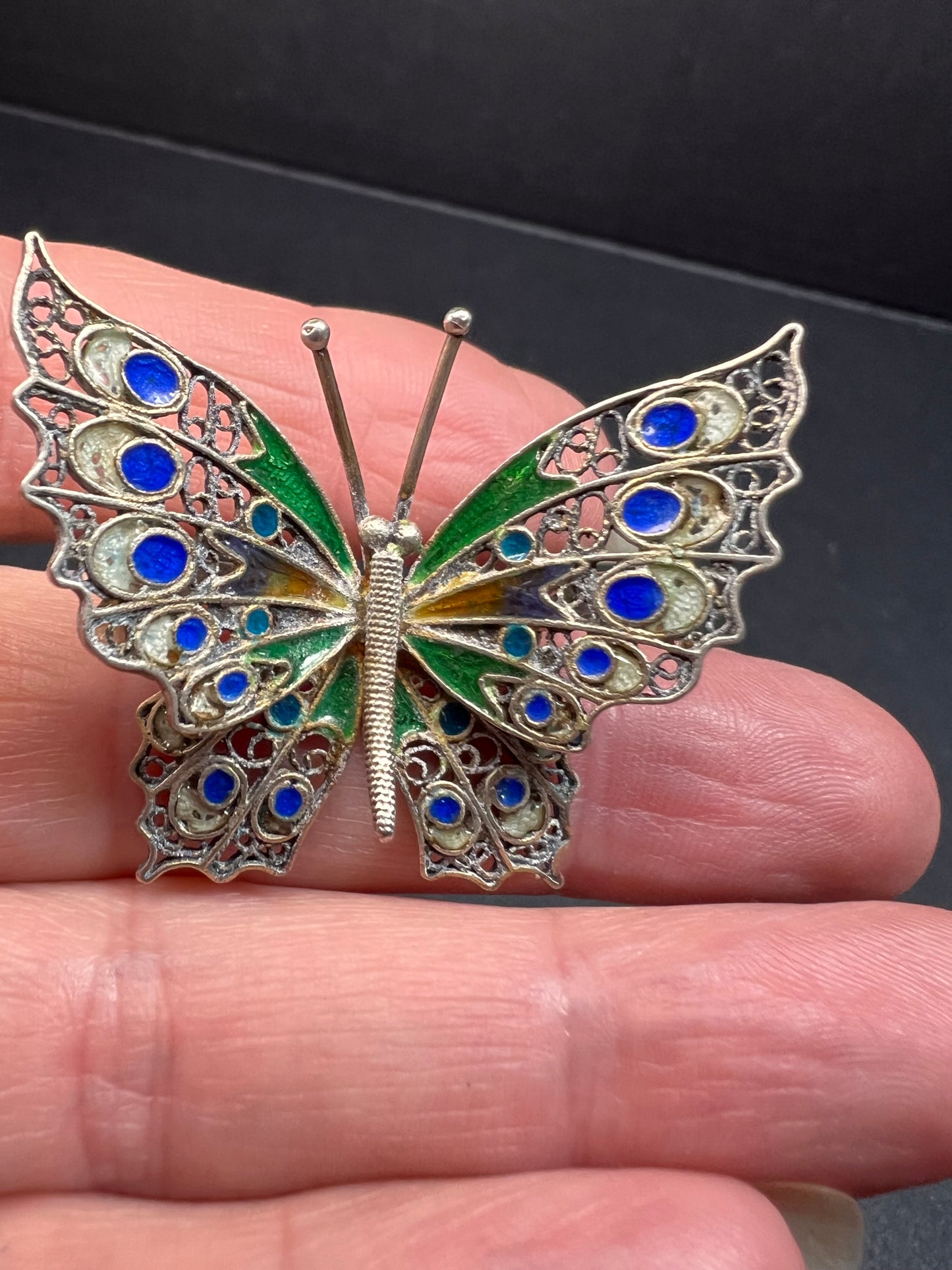 Vintage Alieti Adriana 800 silver Italian enameled filigree butterfly brooch pin