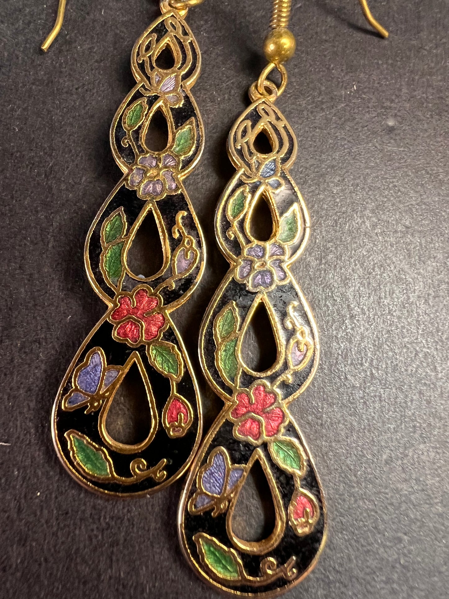 Vintage cloisonné butterfly garden dangling earrings