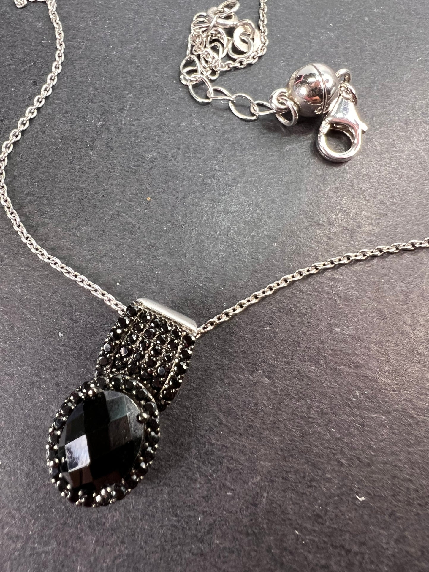 Black spinel pendant and chain necklace in rhodium over sterling silver