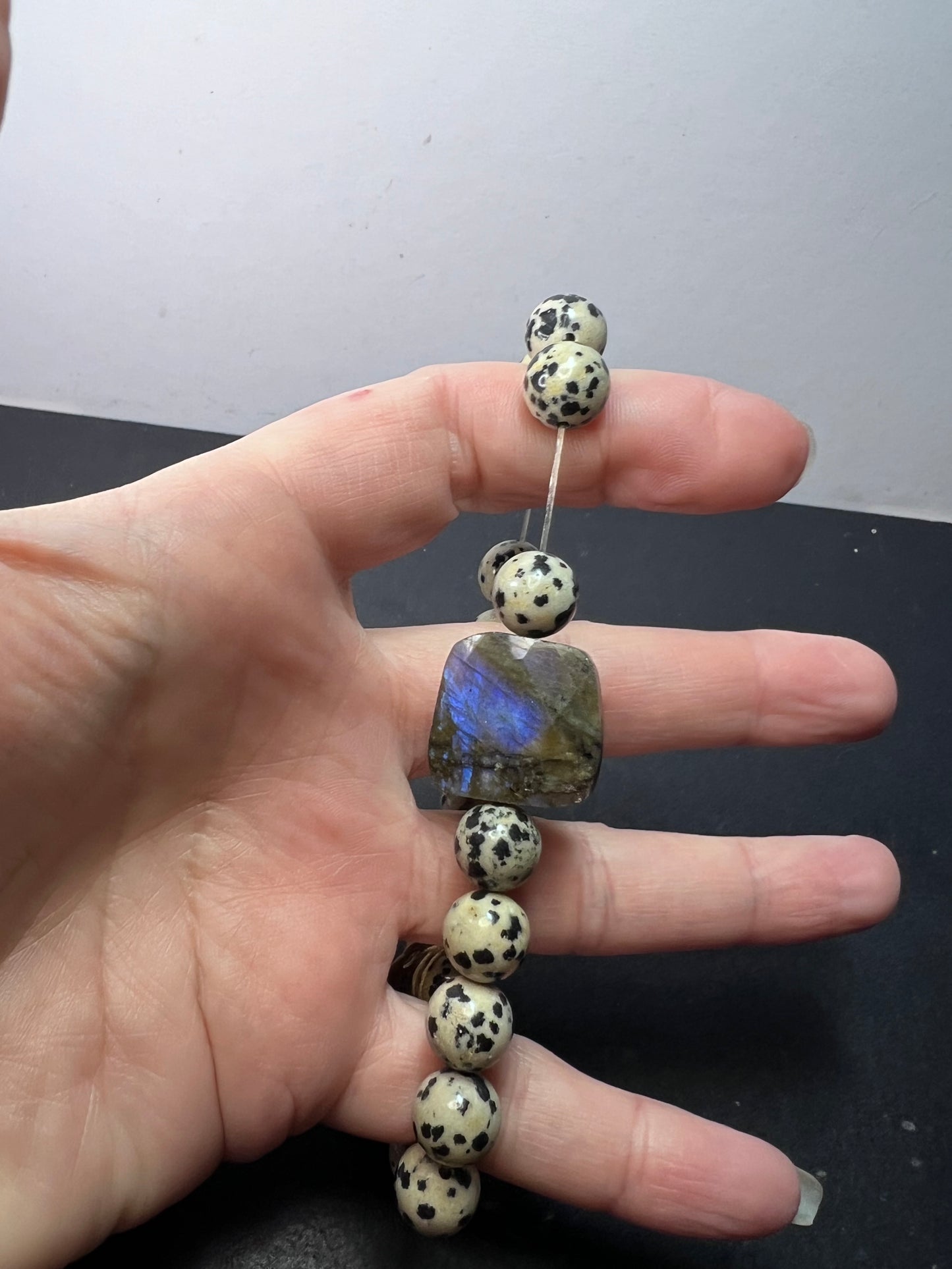 Dalmatian jasper and labradorite stretch bracelet 8 inch