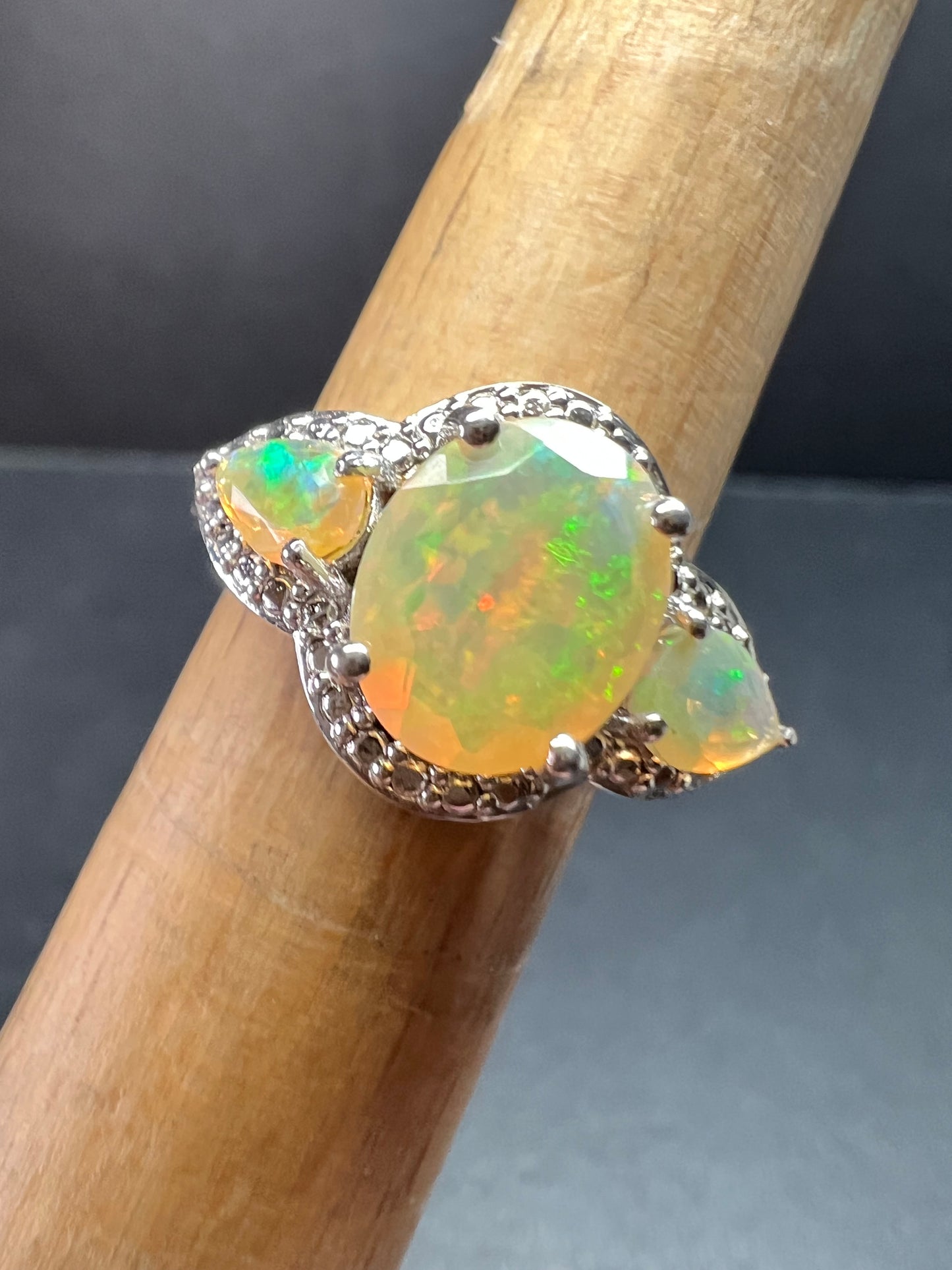 Ethiopian Opal Sterling Silver Halo Ring Size 6