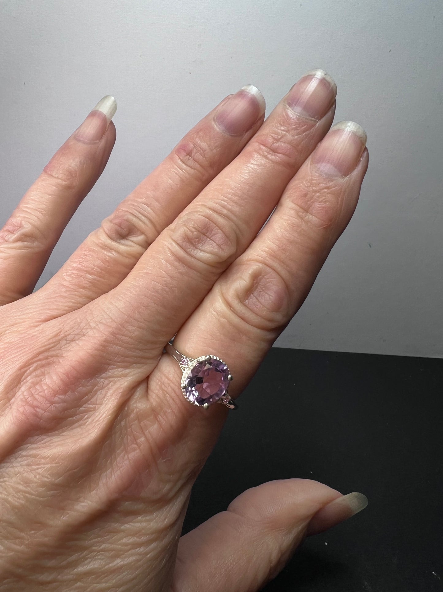 Amethyst and pink CZ sterling silver ring size 9