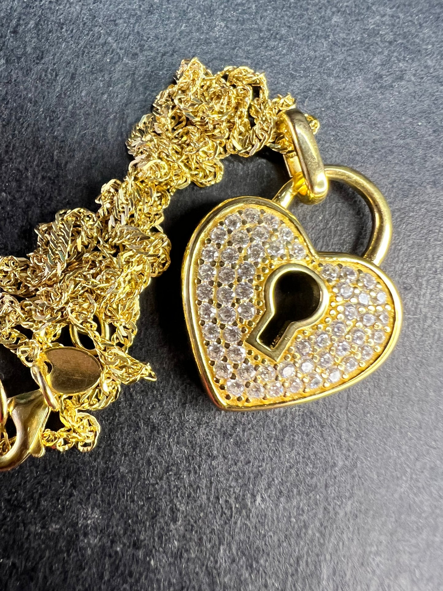 NEW Gold Plated Sterling Silver CZ Heart Lock Necklace 18”