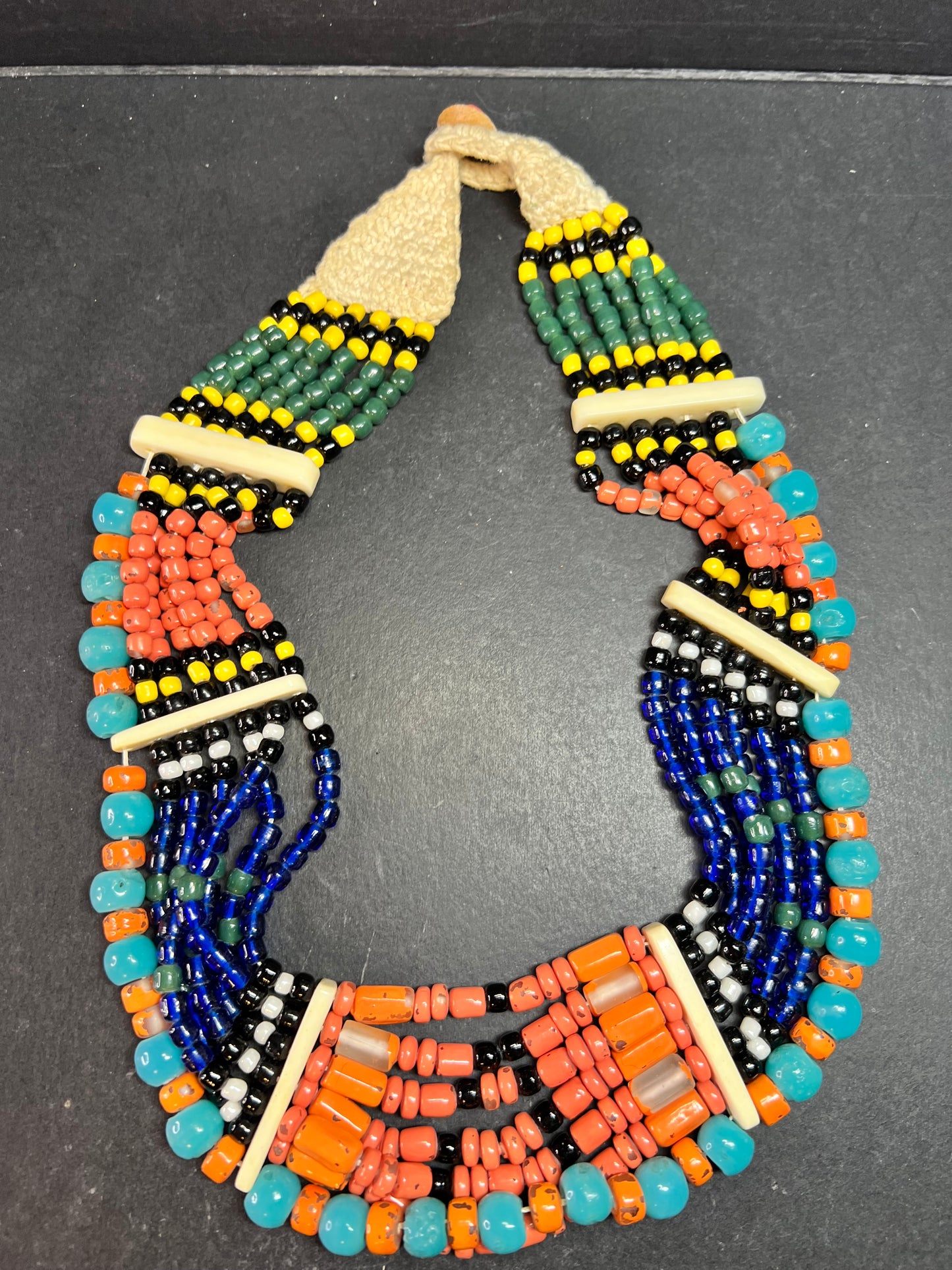 Vintage West African Influenced Multistrand Trade Bead Necklace Fiber Tie