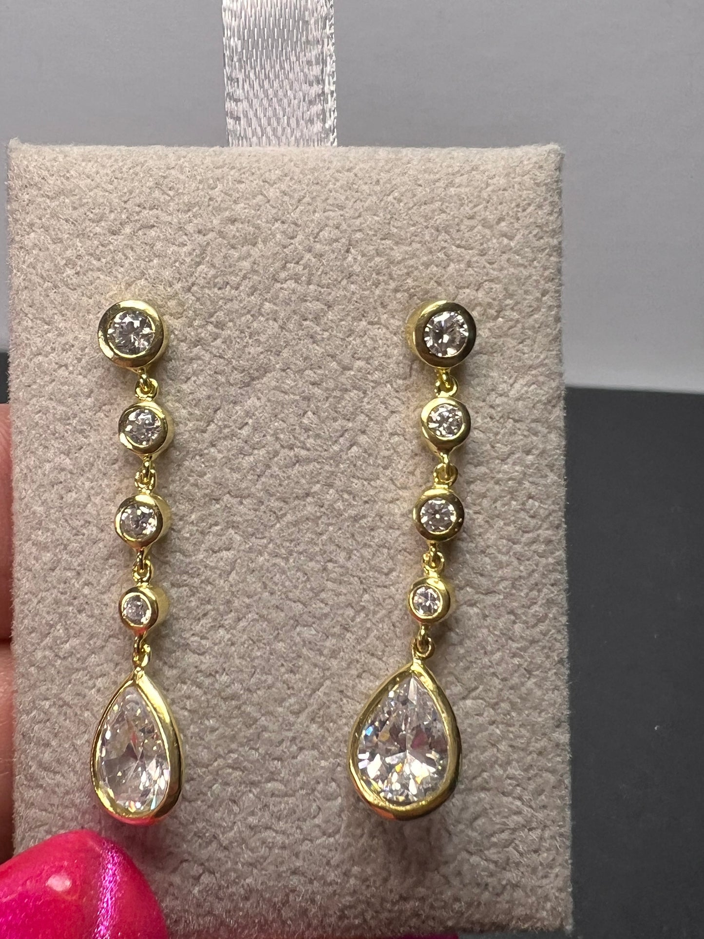 Long teardrop CZ earrings in gold over sterling silver