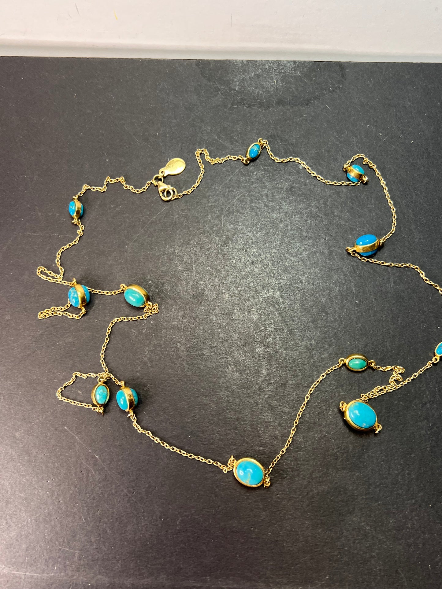 Turquoise 36 inch station necklace in vermeil yellow gold over sterling silver