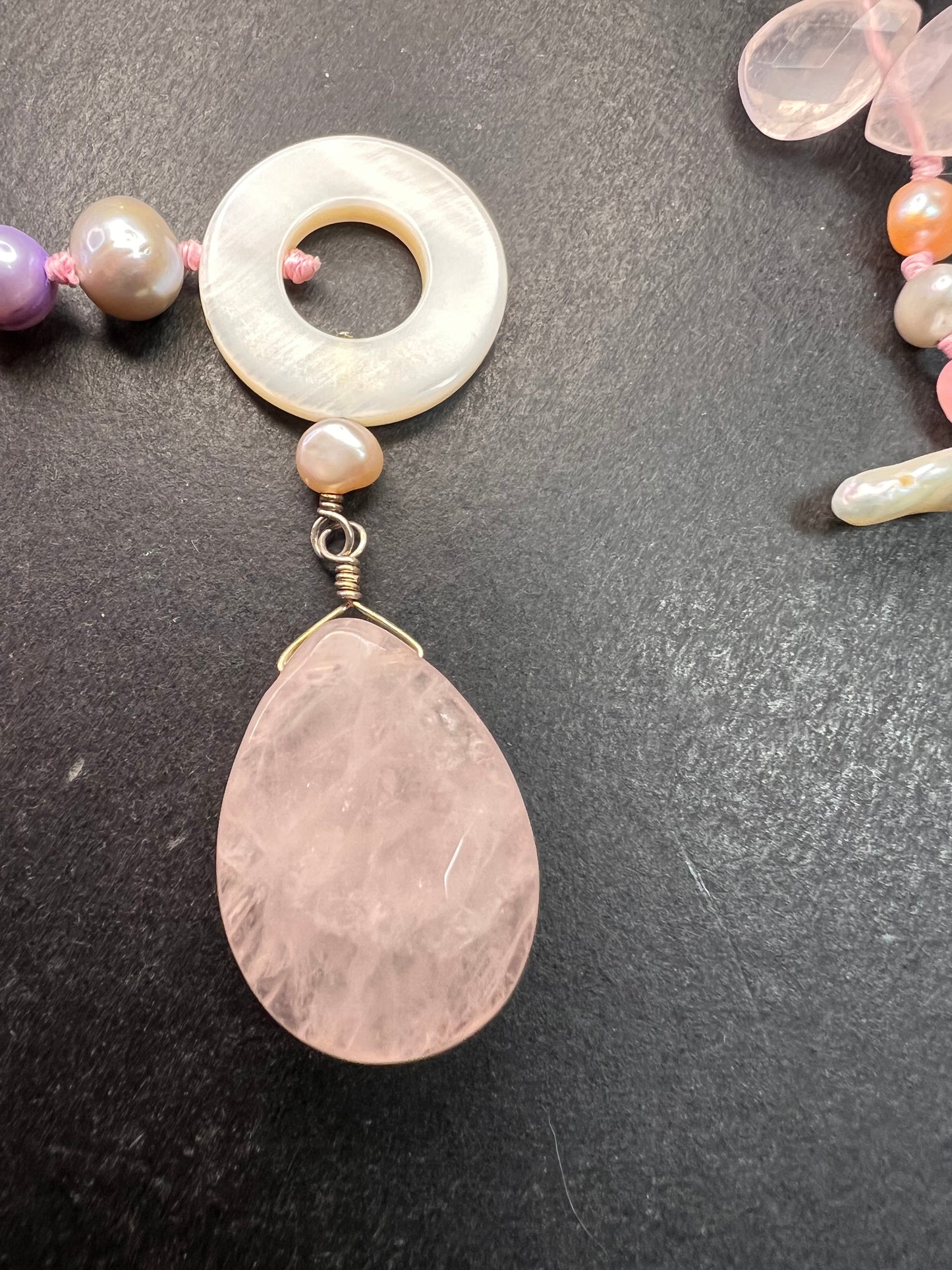 NEW multi color freshwater pearl, rose quartz and amethyst necklace