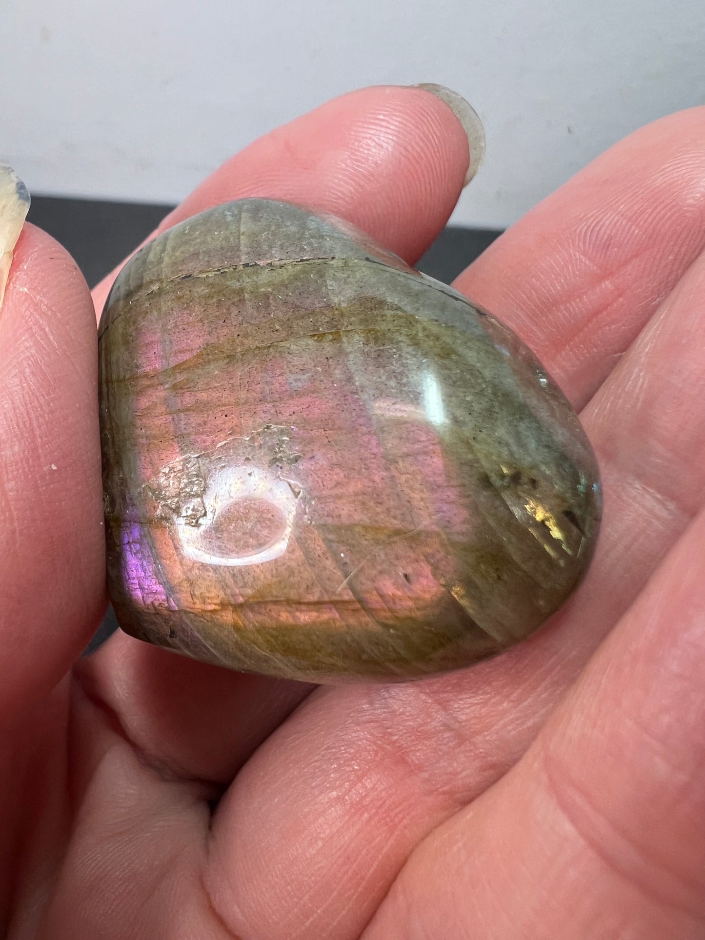 Labradorite heart with pink and purple flash