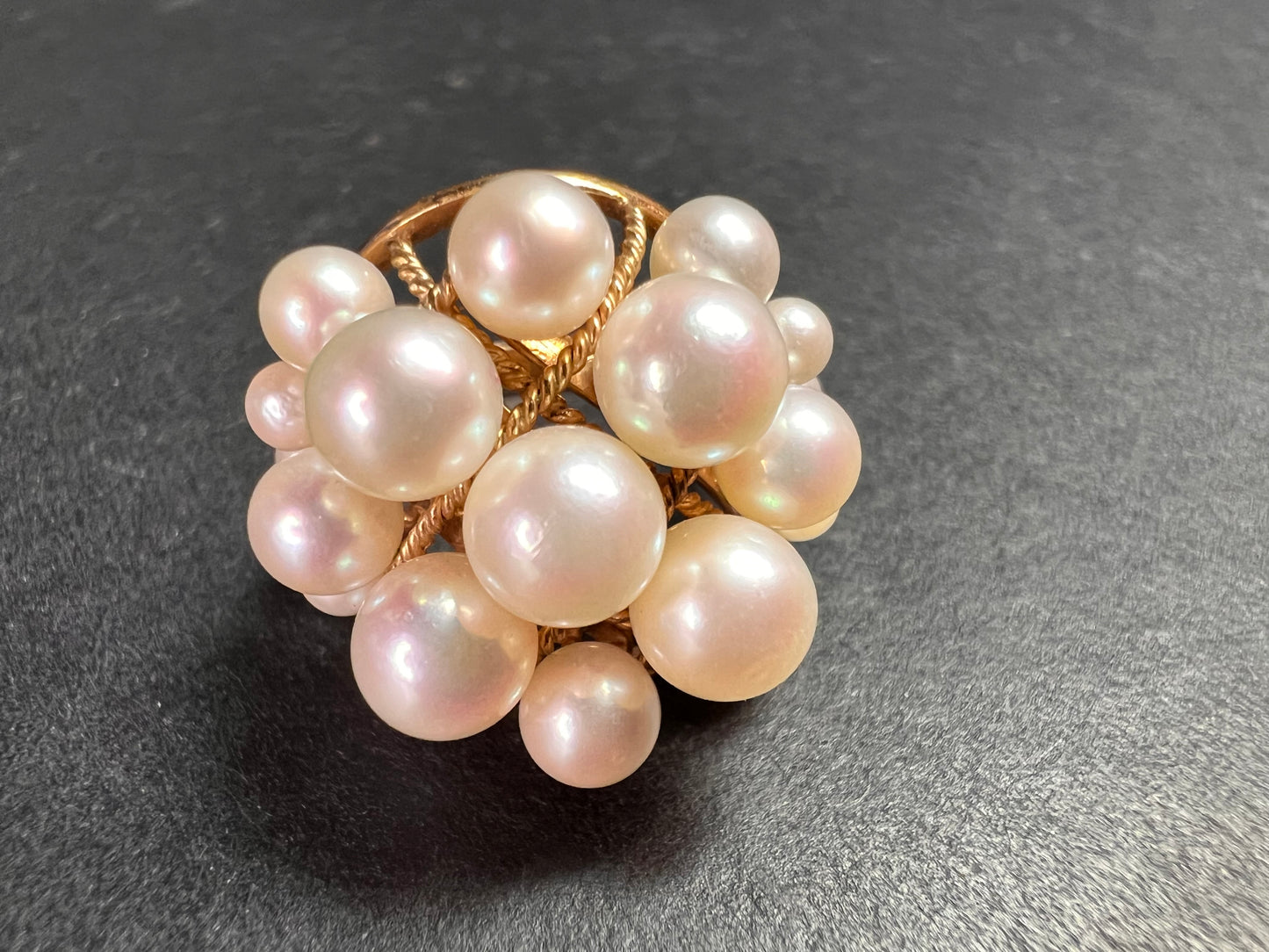 Vintage 14K Gold Cluster Pearl Cocktail Ring – Mid Century Dome Design- size 6