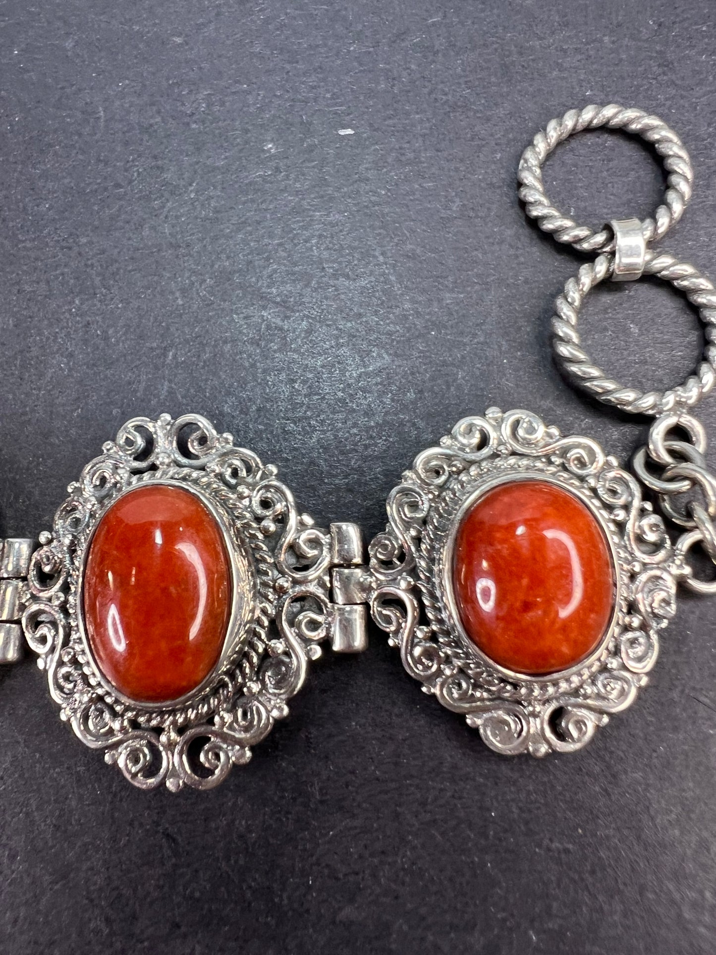 Red orange jade ornate sterling silver toggle bracelet