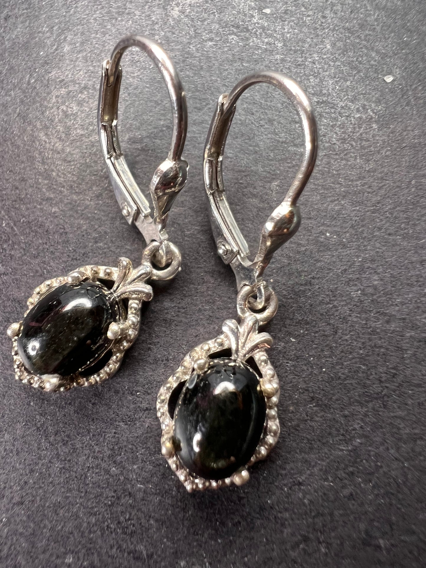 Black star sapphire sterling silver leverback earrings