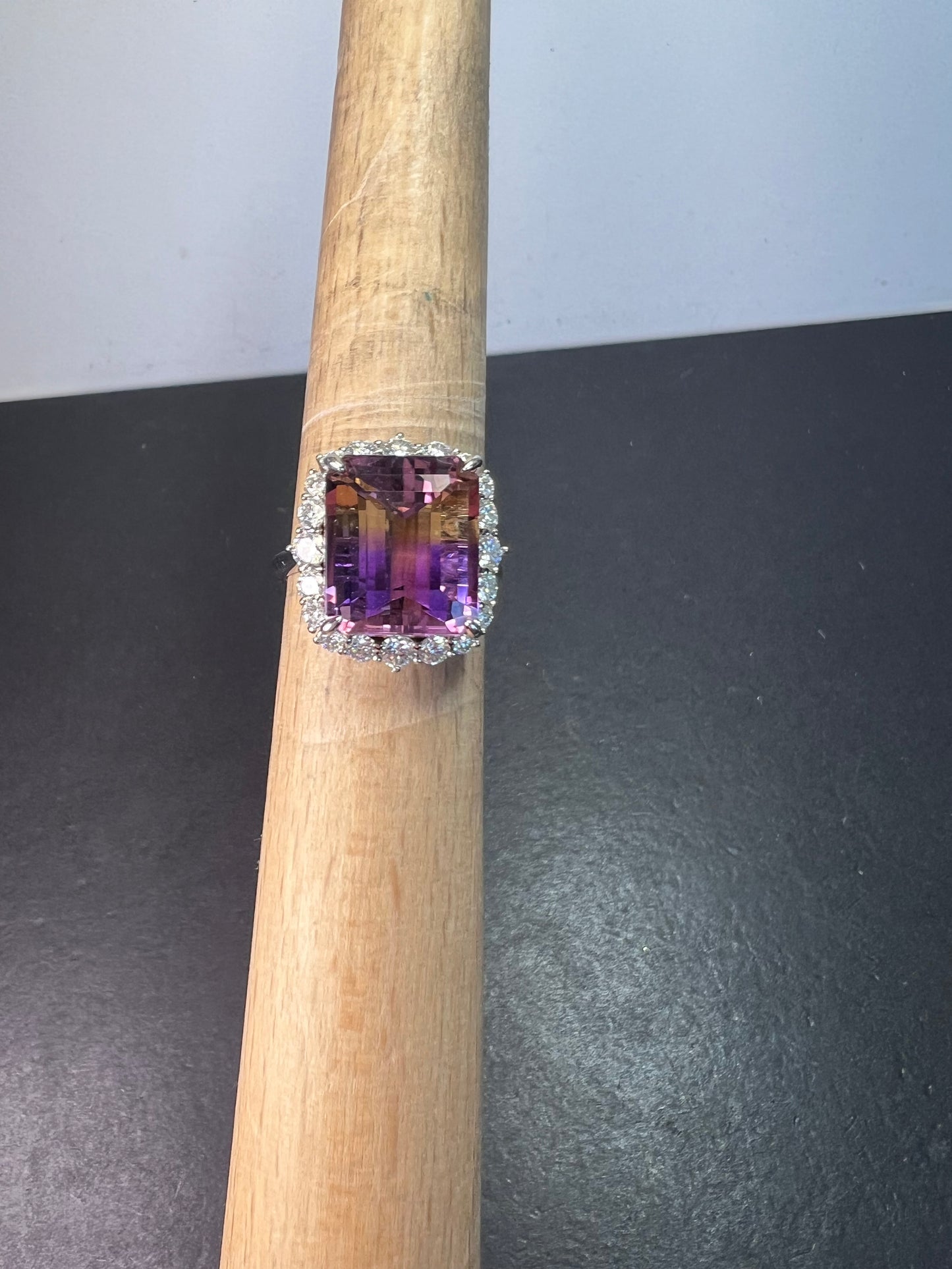 Ametrine and moissanite halo ring in rhodium over sterling silver size 8