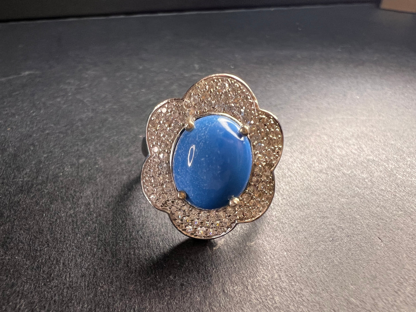 NEW Ceruleite and zircon blossom ring in rhodium over sterling silver size 8