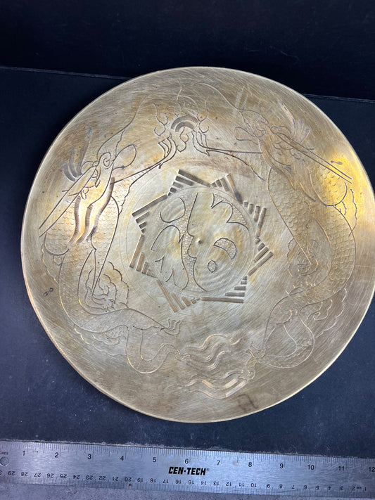 Antique 1920s Chinese Etched Brass Dragon Bowl - 10” Hand Engraved MCM Decor