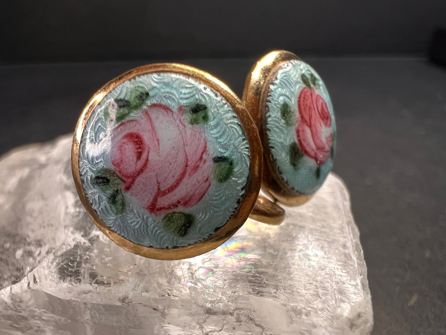 Vintage MCM Gold Tone Guilloche Enamel Pink Rose Screw Back Earrings