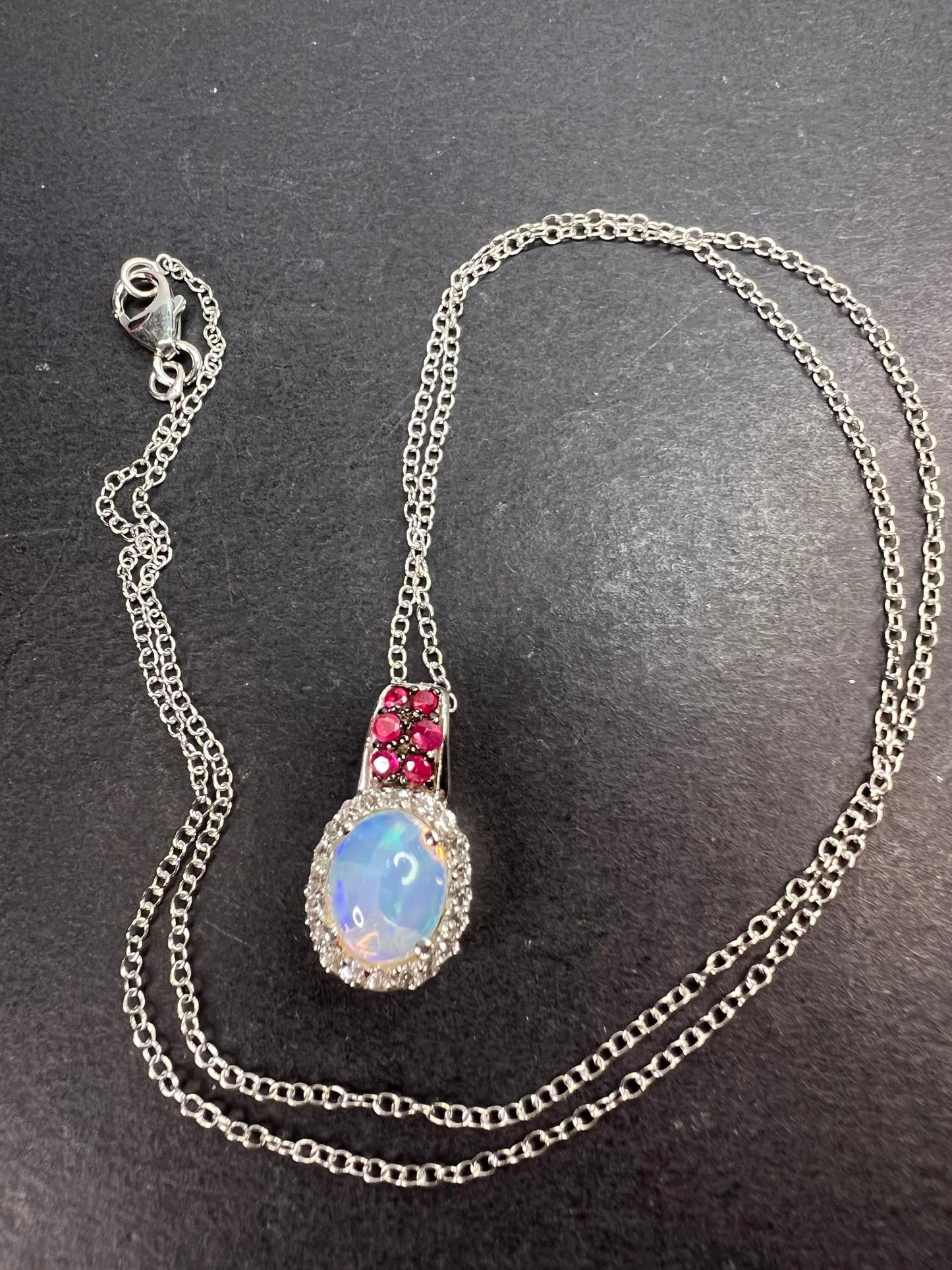 Ethiopian opal, ruby and zircon pendant and chain in platinum over sterling silver *NEW*