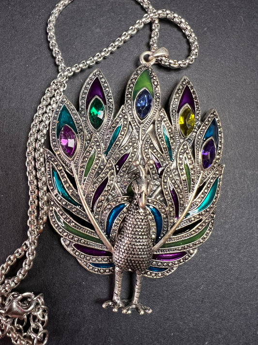 Vintage enameled and jeweled peacock pendant costume jewelry necklace
