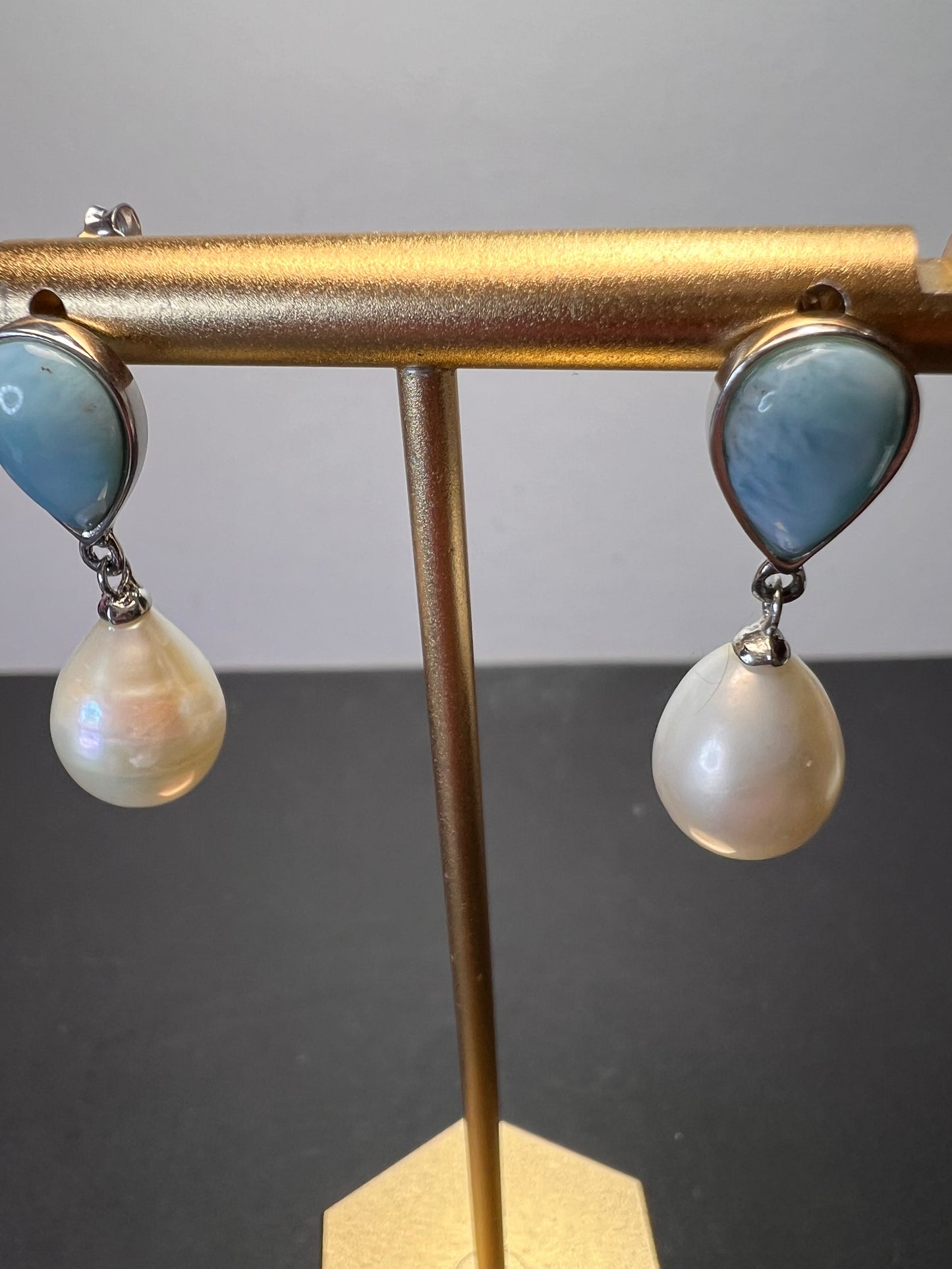 Larimar and pearl sterling silver teardrop earrings