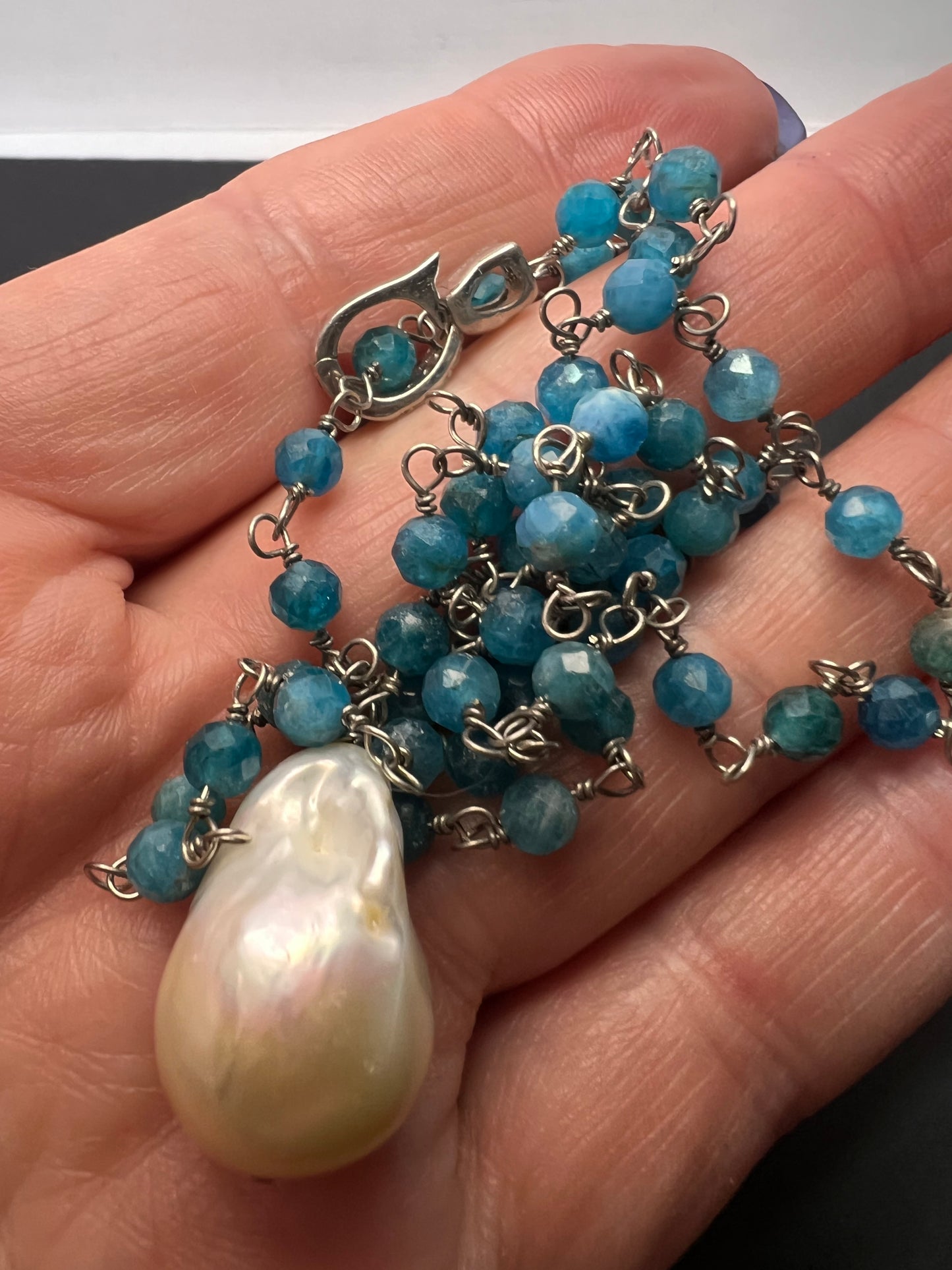 Blue apatite baroque pearl lariat sterling silver necklace