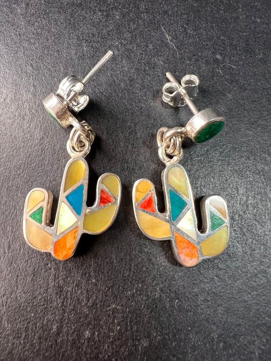 NEW Sterling Silver Peruvian Artistry Mosaic Cactus Earrings – Multi-Gemstone Inlay