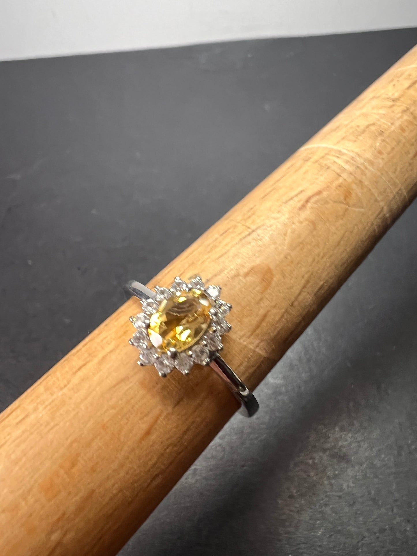 Brazilian citrine and zircon halo ring in platinum over sterling silver size 9 *NEW*