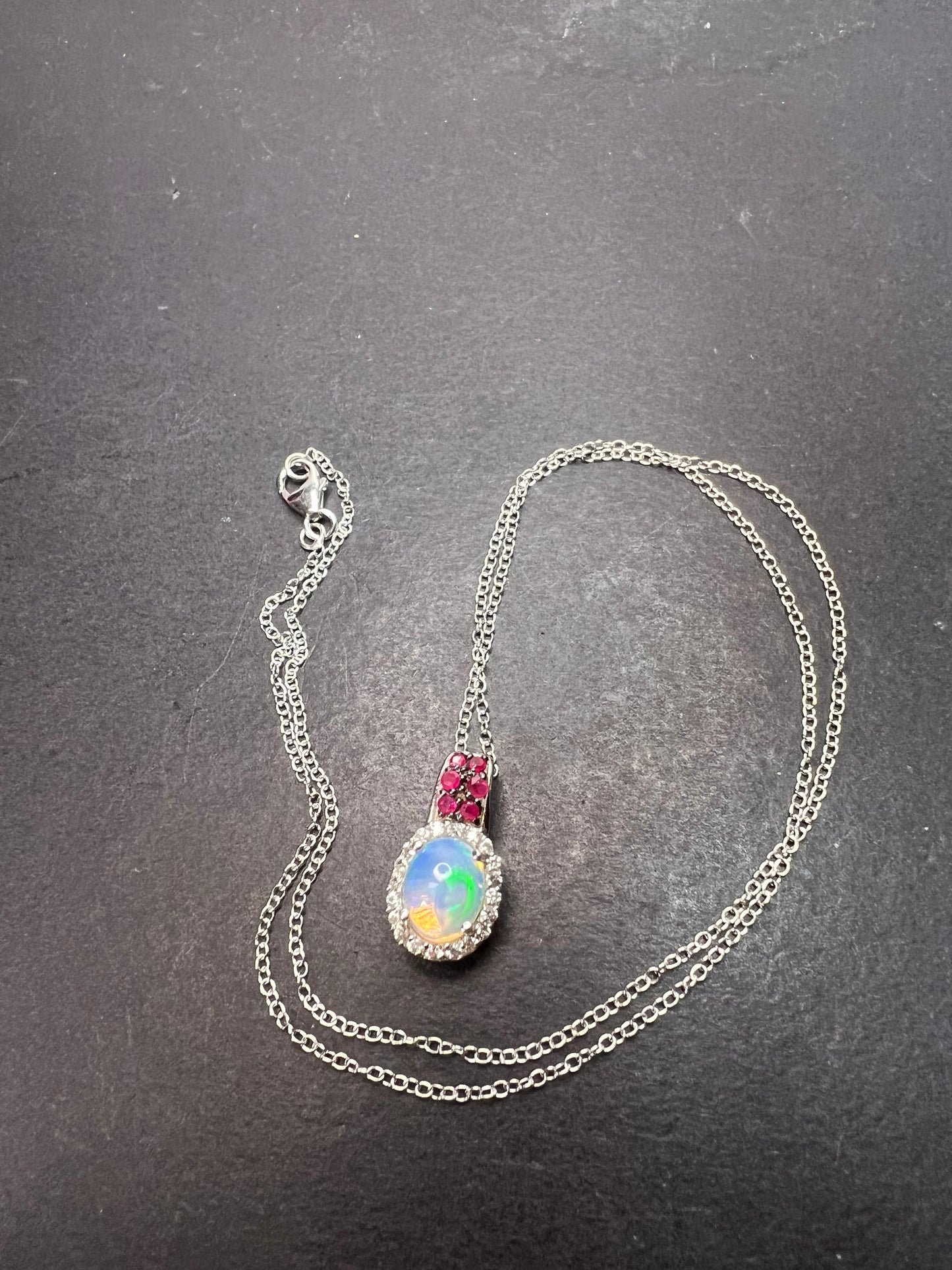 Ethiopian opal, ruby and zircon pendant and chain in platinum over sterling silver *NEW*