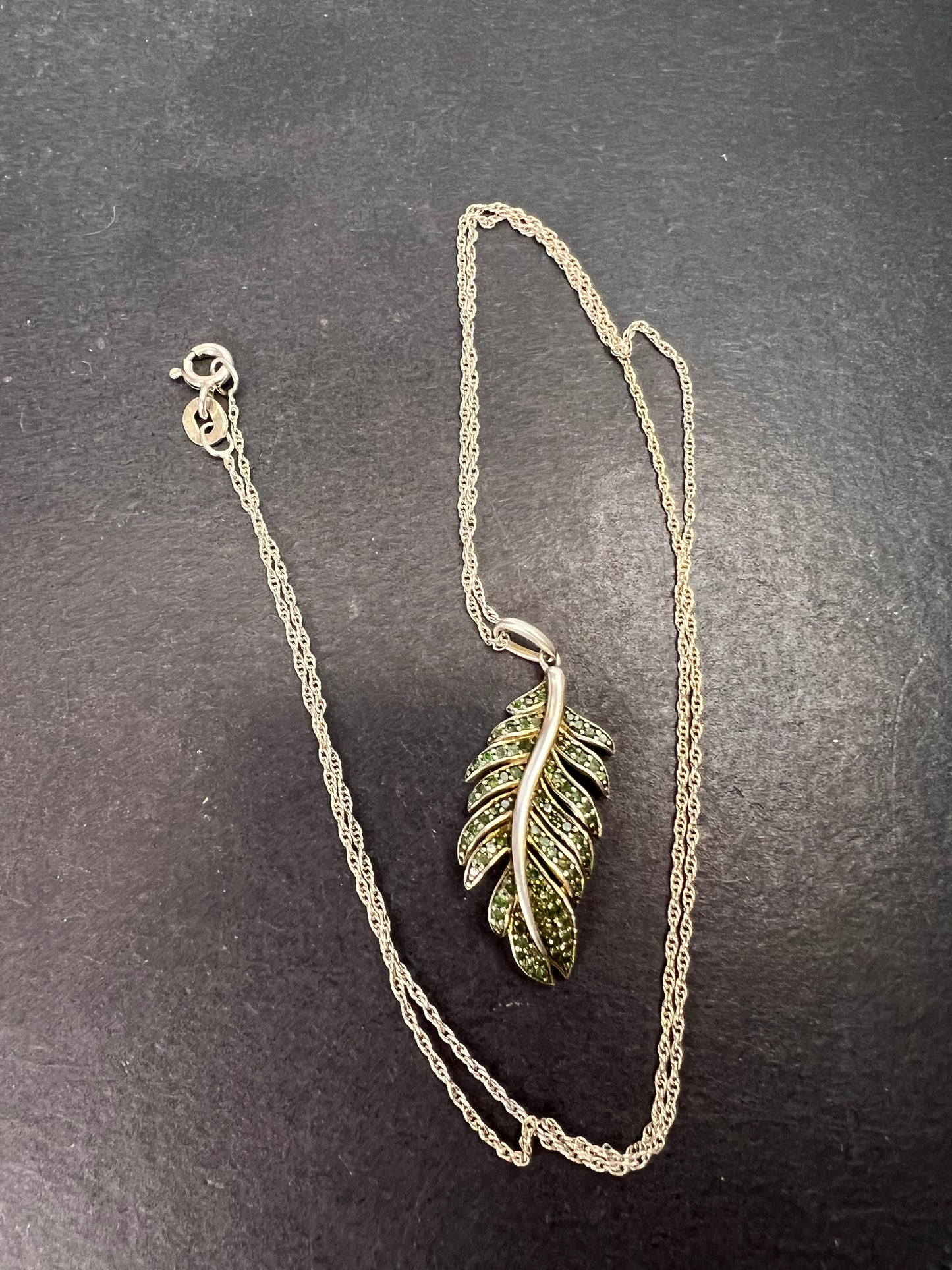 Natural green diamonds feather pendant and chain necklace in white gold over sterling silver