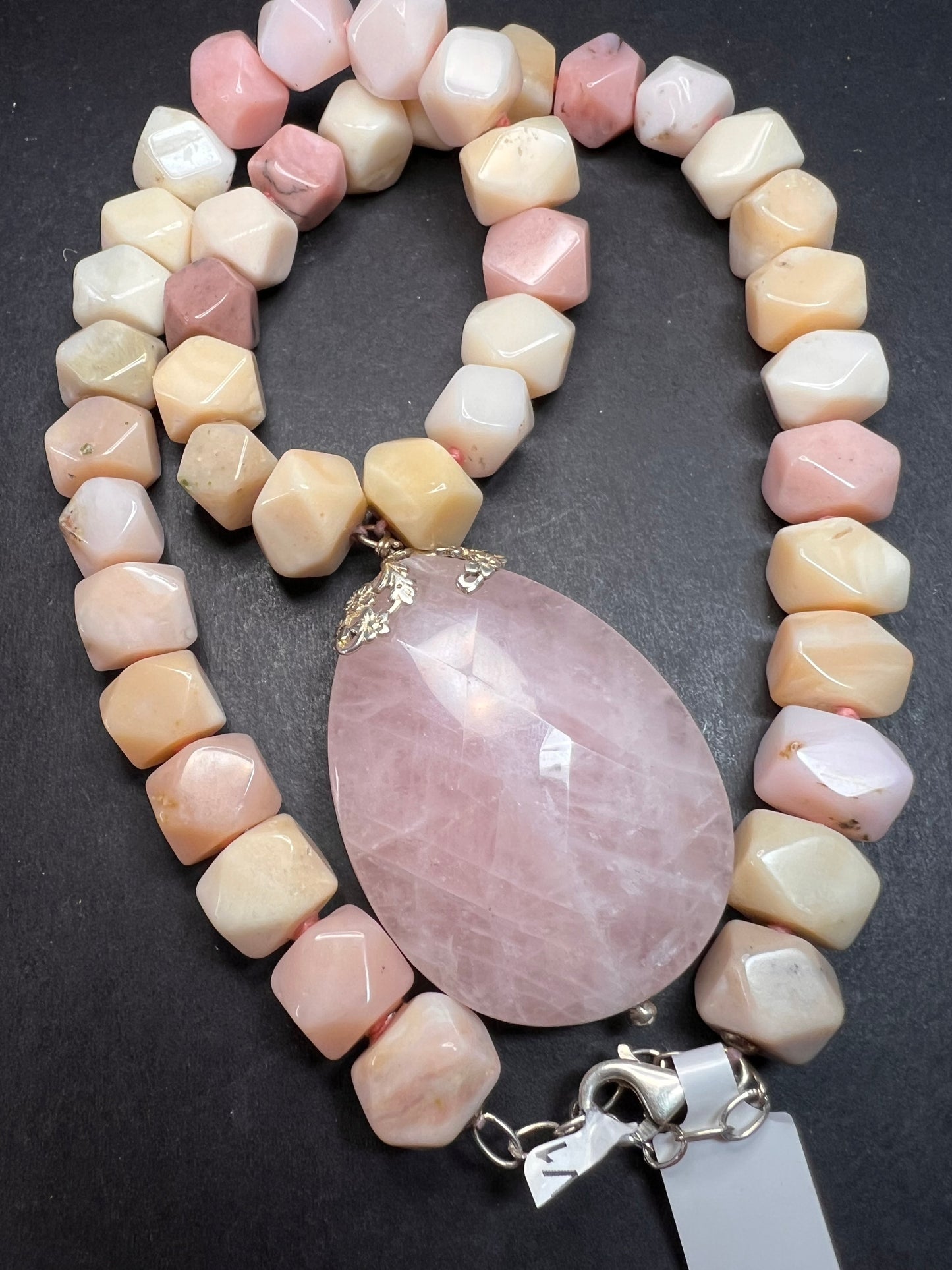 NEW pink opal and rose quartz Sterling silver necklace