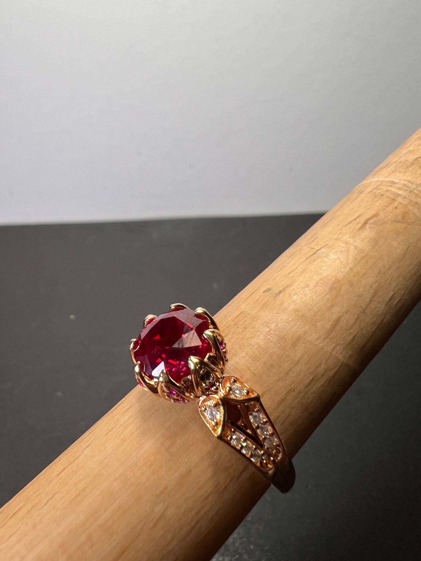 Lab Ruby and pink sapphire rose gold over sterling statement ring size 10