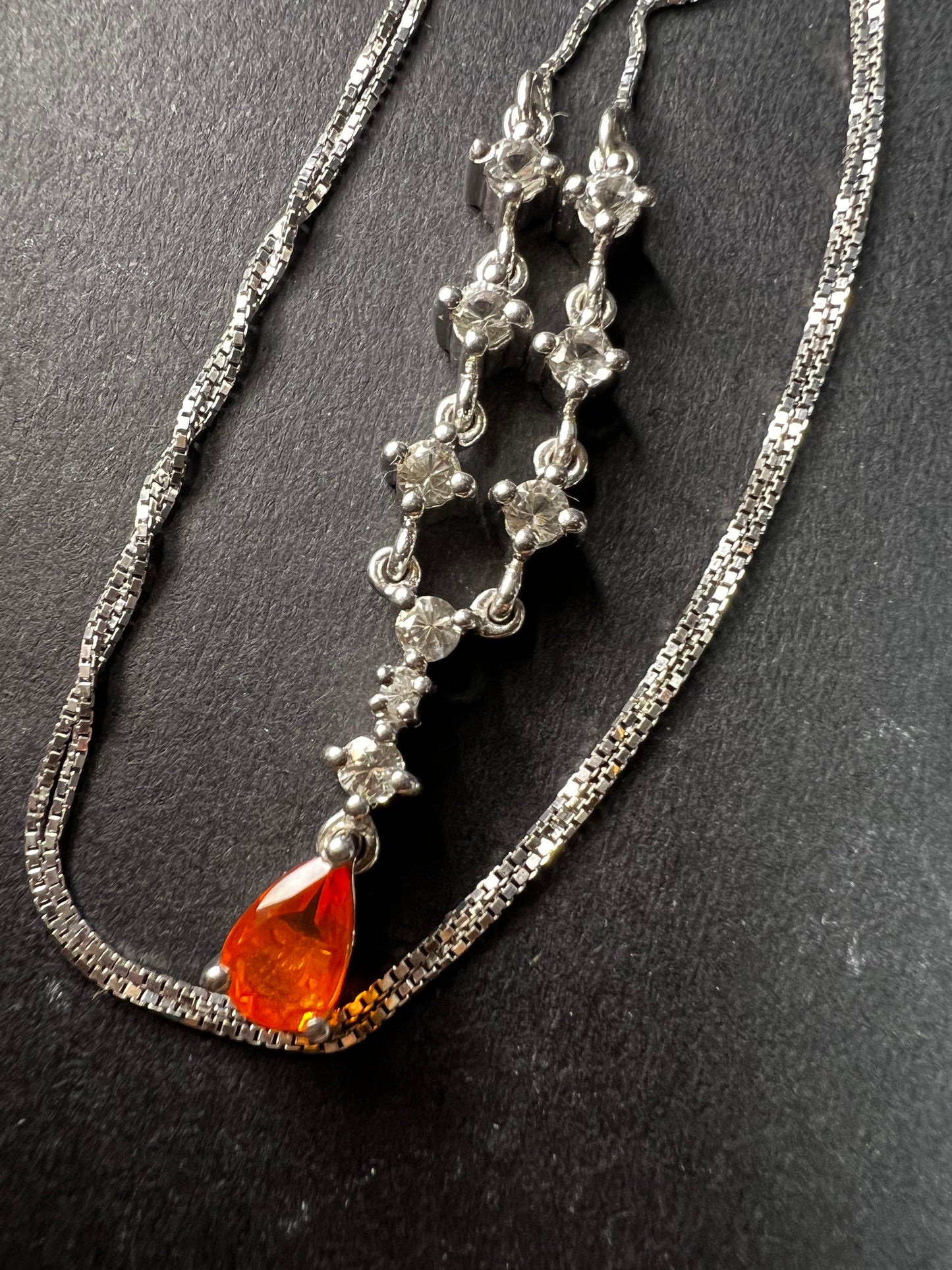 Vintage Sterling Silver Mexican Fire Opal & White Topaz Y Necklace