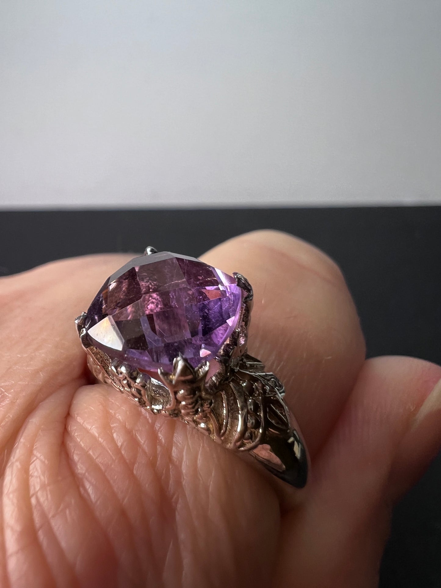 Amethyst cathedral crown setting sterling silver solitaire ring size 9