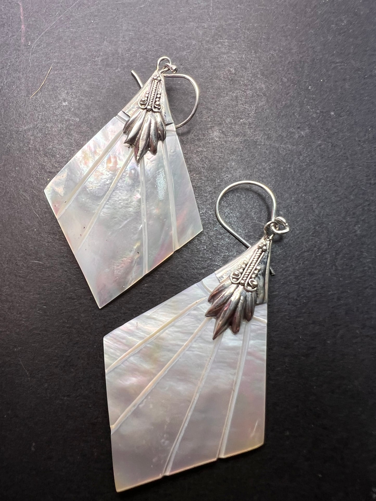 Mother of pearl sterling silver diamond dangle earrings