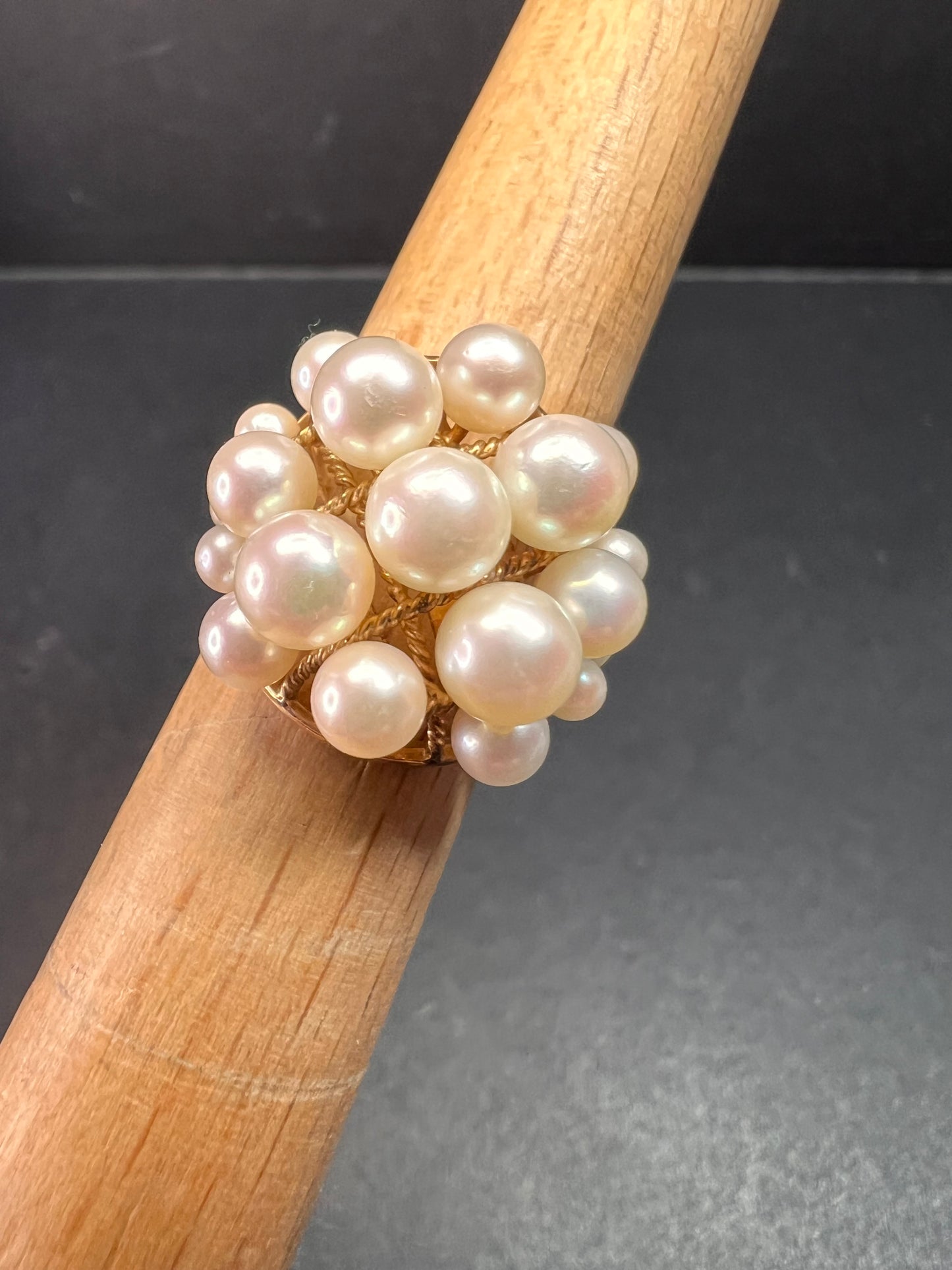 Vintage 14K Gold Cluster Pearl Cocktail Ring – Mid Century Dome Design- size 6