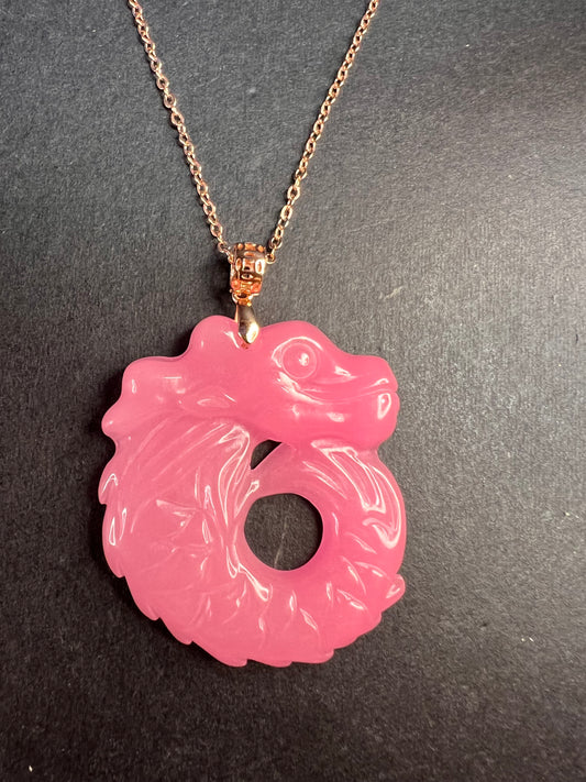 NEW Pink jade dragon pendant and 20 inch chain in rose gold over sterling silver