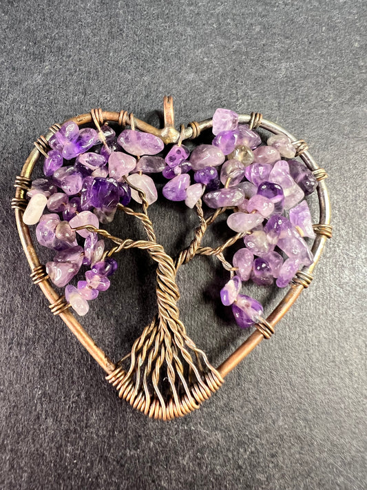 Amethyst Tree of Life Heart Pendant Copper Wire Wrapped Necklace Charm