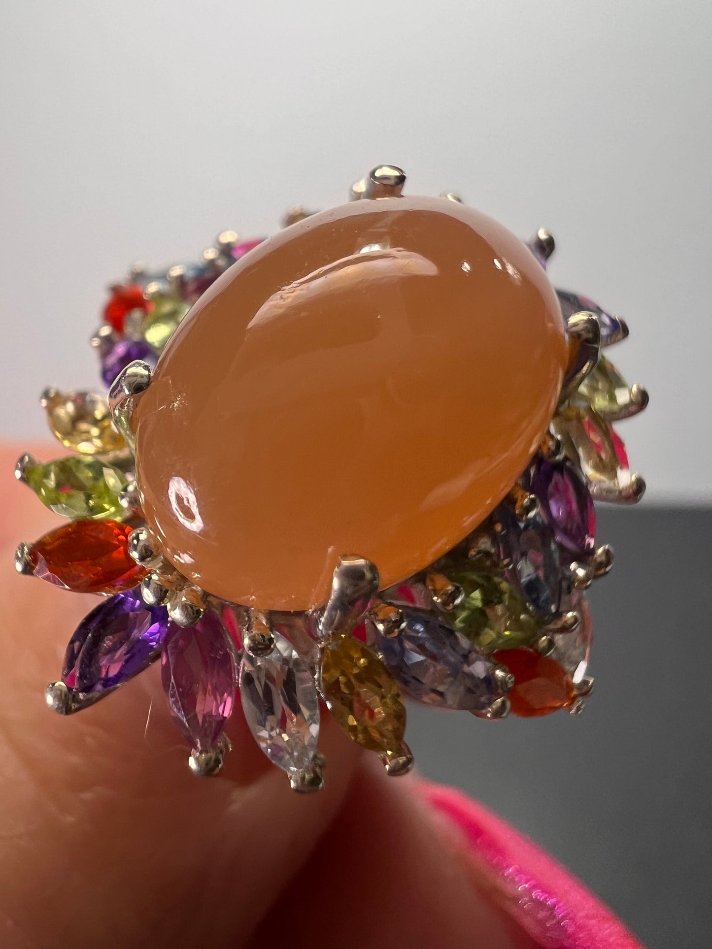 Peach moonstone multi gemstone ring in platinum over sterling silver size 6 *NEW*