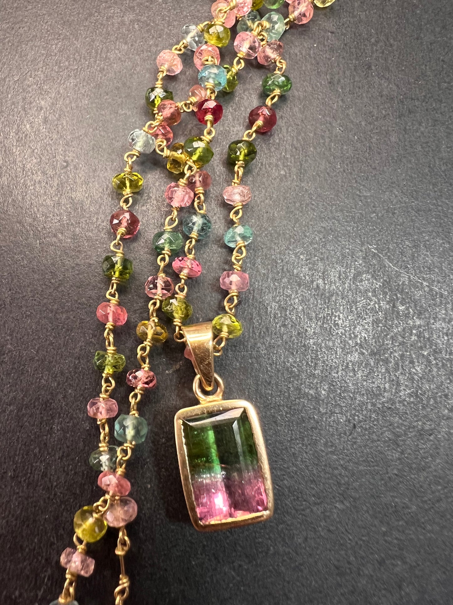 Vintage 14k & 18k gold watermelon tourmaline pendant necklace