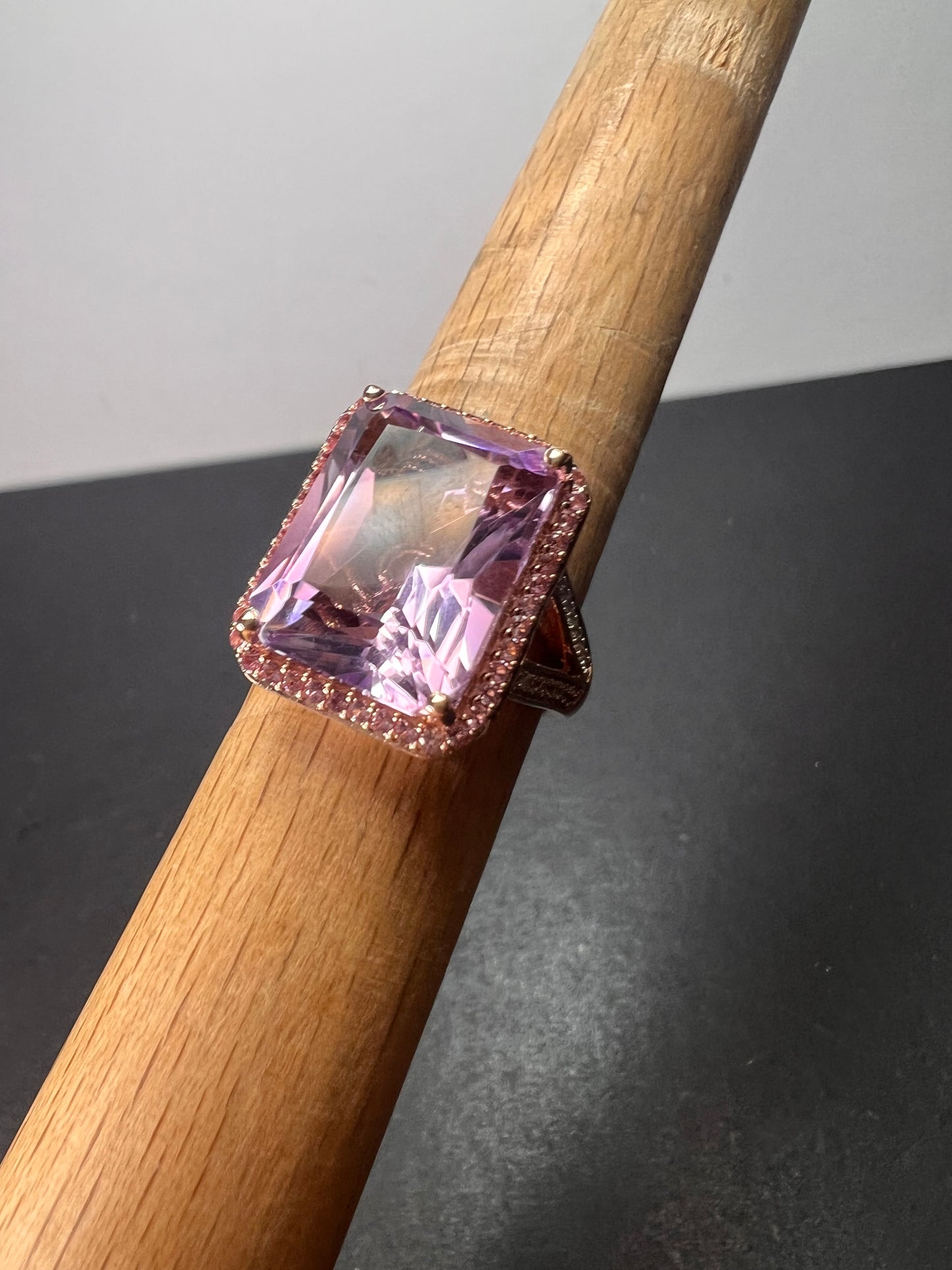 Radiant cut rose de France amethyst and pink sapphire halo ring in rose gold vermeil over sterling silver size 8 *NEW*