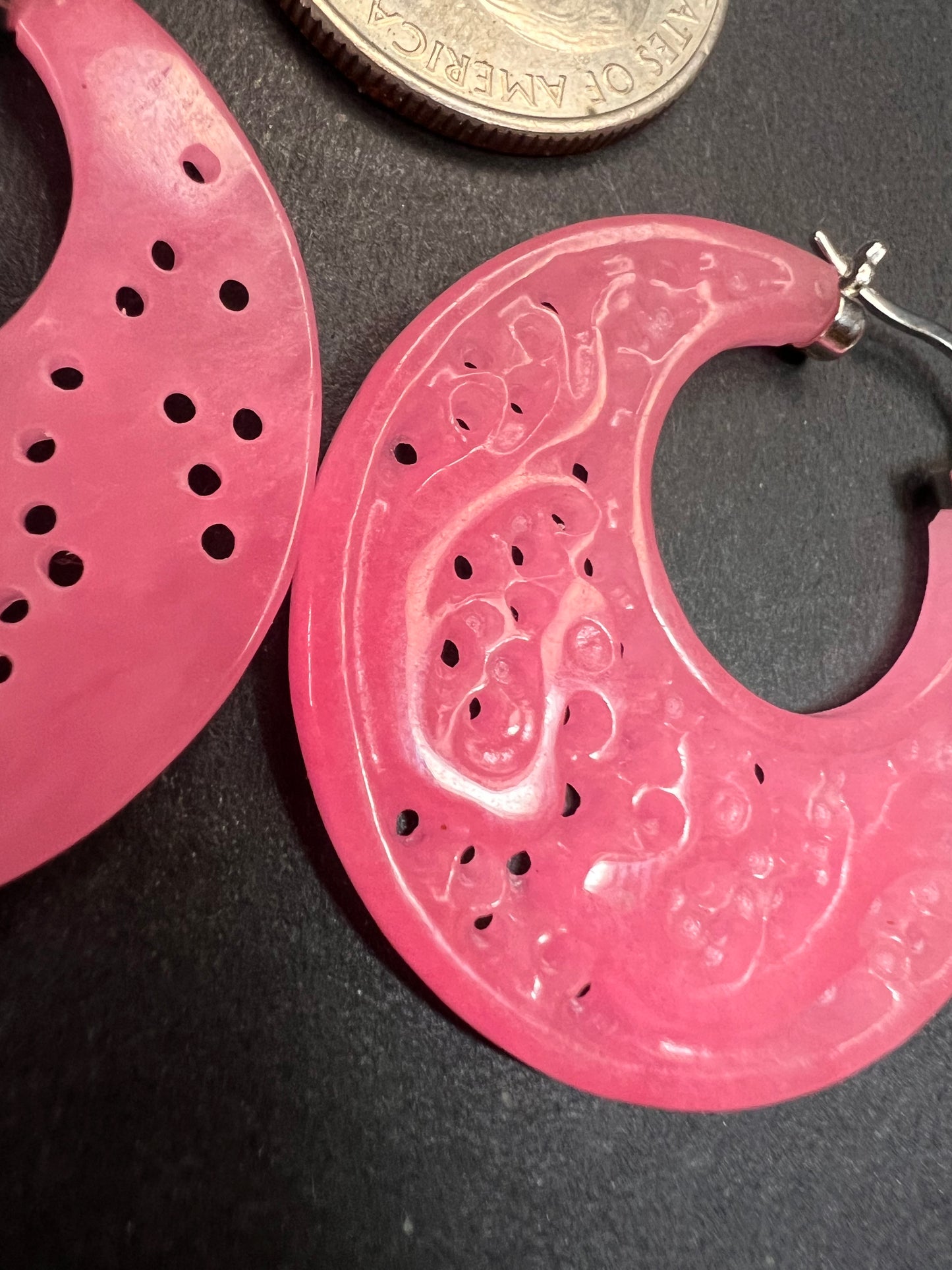 NEW pink jade carved dragon hoop earrings with sterling silver closures