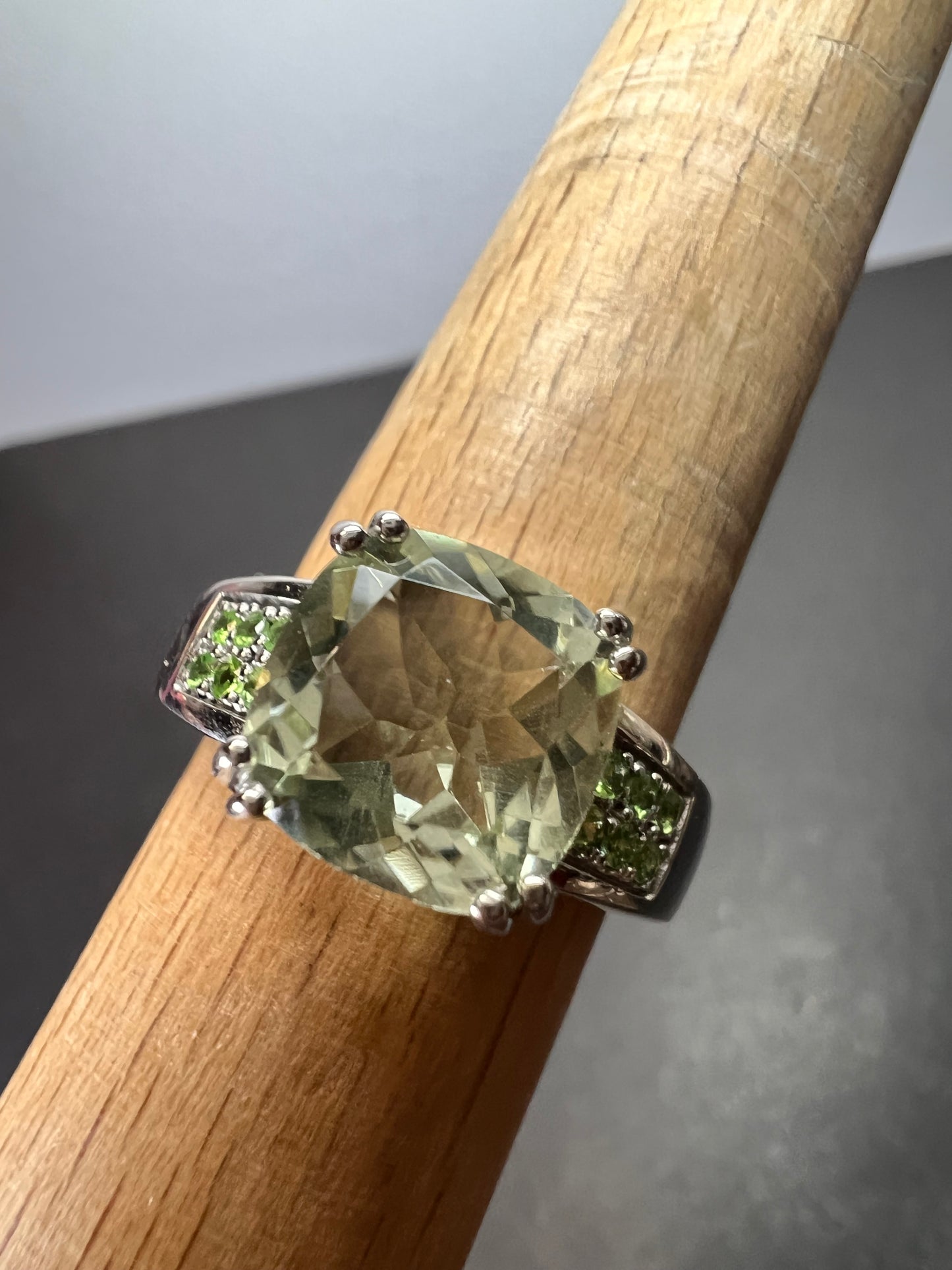 Green Prasiolite and tsavorite green garnet Rhodium Over Sterling Silver Ring 3.28ctw size 9