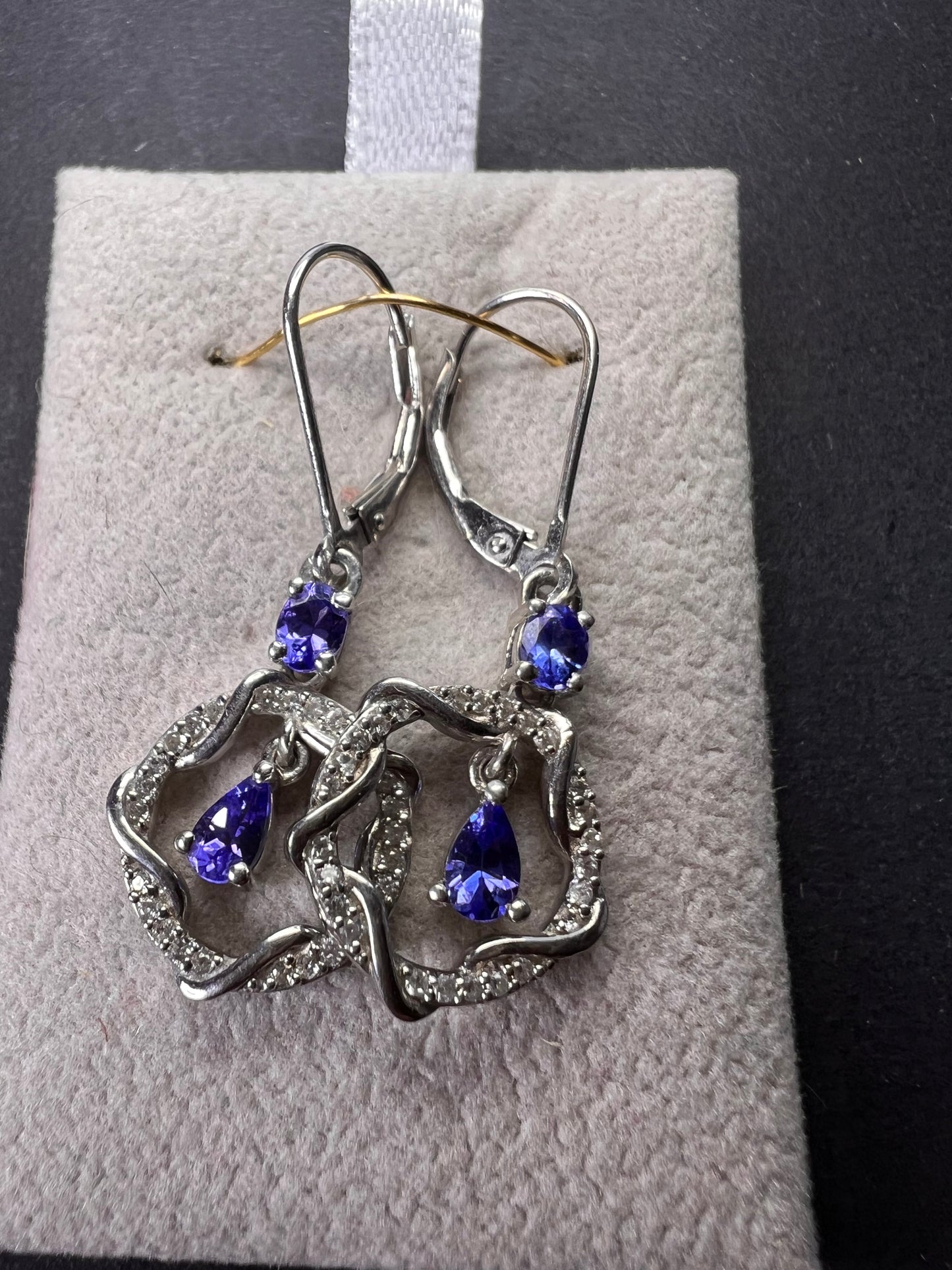 Tanzanite and diamond sterling silver drop earrings