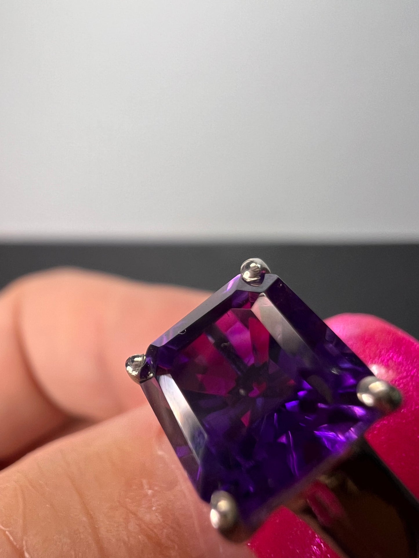 Asscher cut Moroccan amethyst solitaire ring in platinum over sterling silver size 5 *NEW*