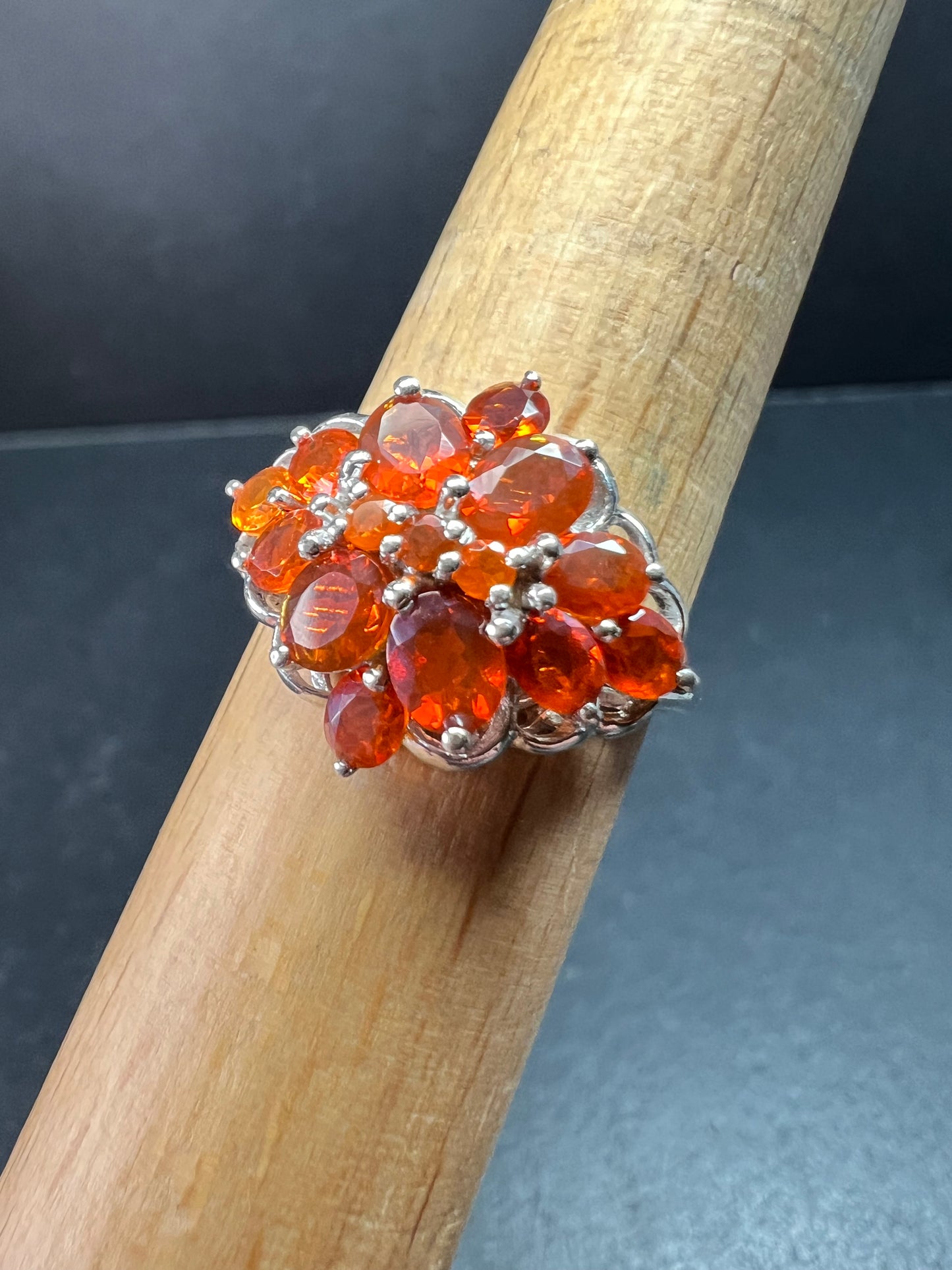 Vintage Sterling Silver Mexican Fire Opal Floral Cluster Ring Sz 9