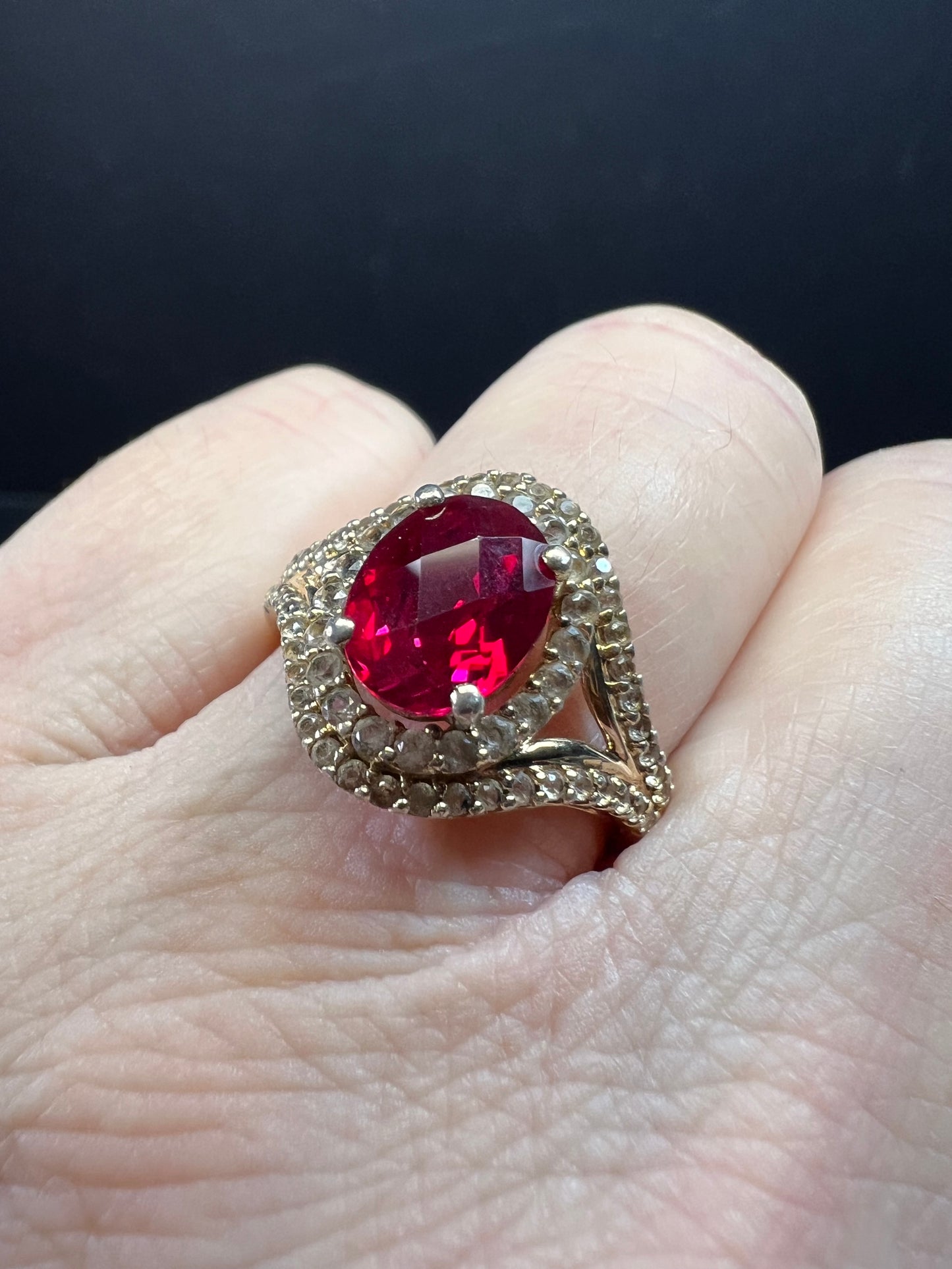 Lab Ruby and topaz halo ring in gold over sterling silver size 7